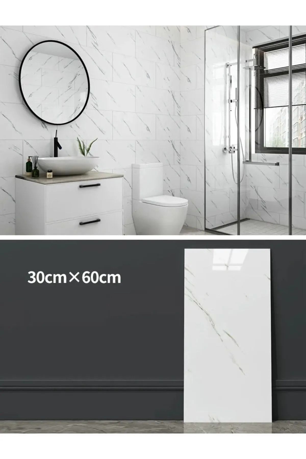 Beyaz 30x60 Cm Mermer Desenli Kendinden Yapışkanlı Mutfak Banyo Wc Kaplama Pvc Köpük Duvar Paneli