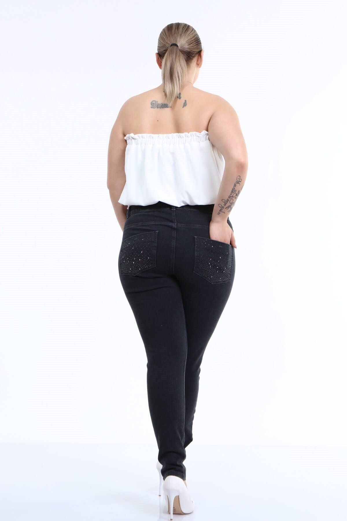 MYLİNE-Pantaloni din denim cu imprimeu cu pietre în buzunarul din spate 6