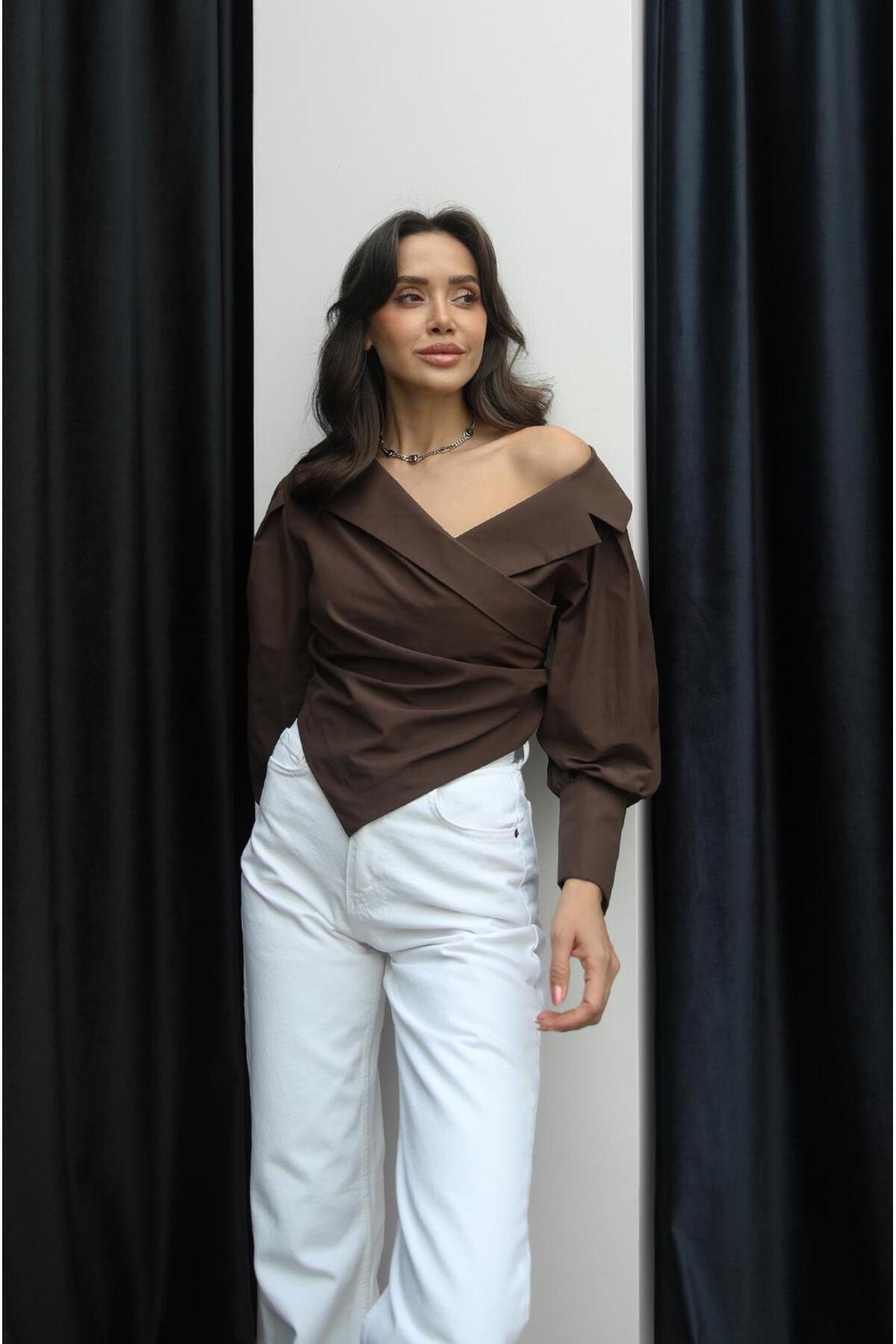 Havoş  Kahverengi Asimetrik Kesim İp Bağcıklı Gömlek - Görsel 3