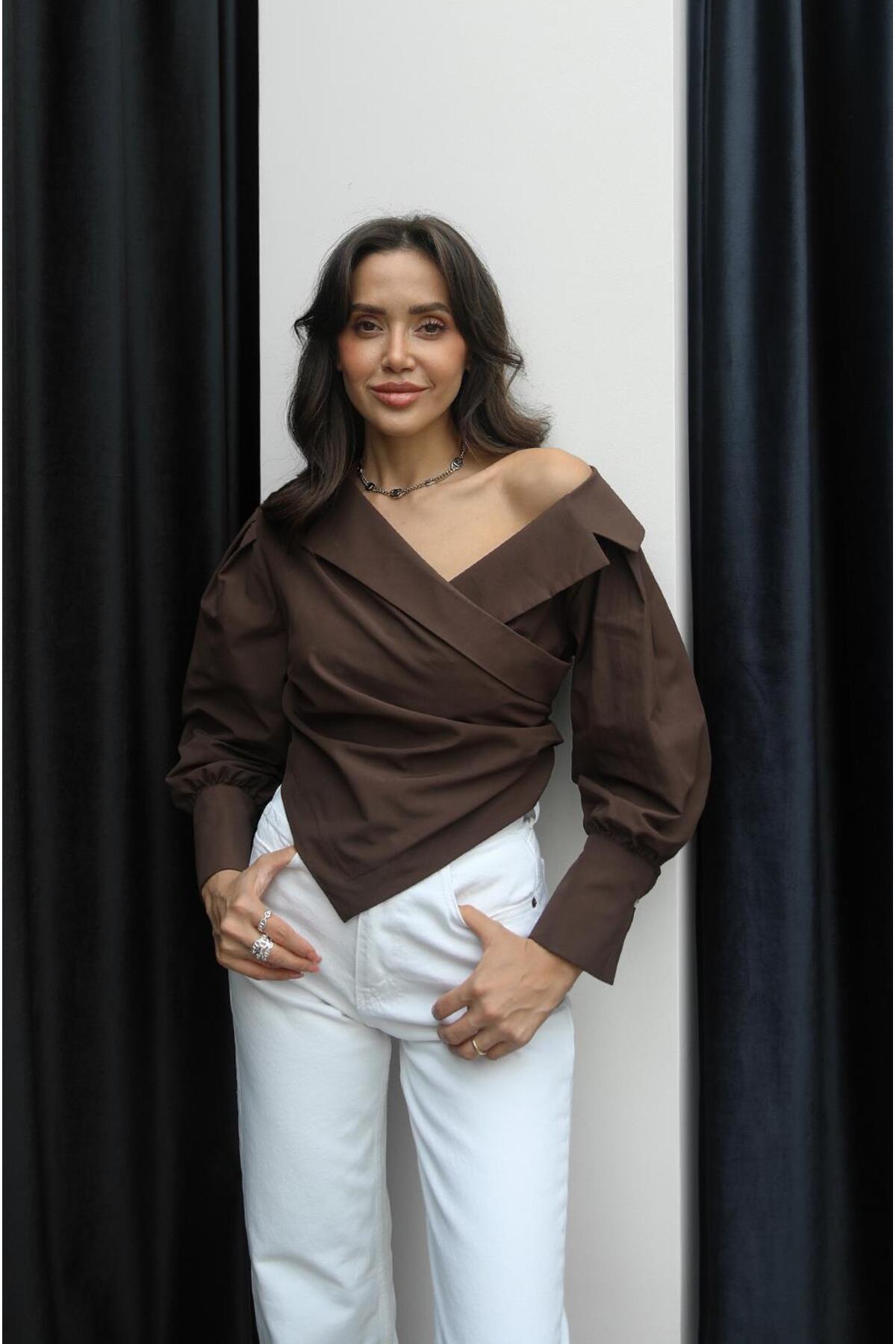 Havoş  Kahverengi Asimetrik Kesim İp Bağcıklı Gömlek - Görsel 4