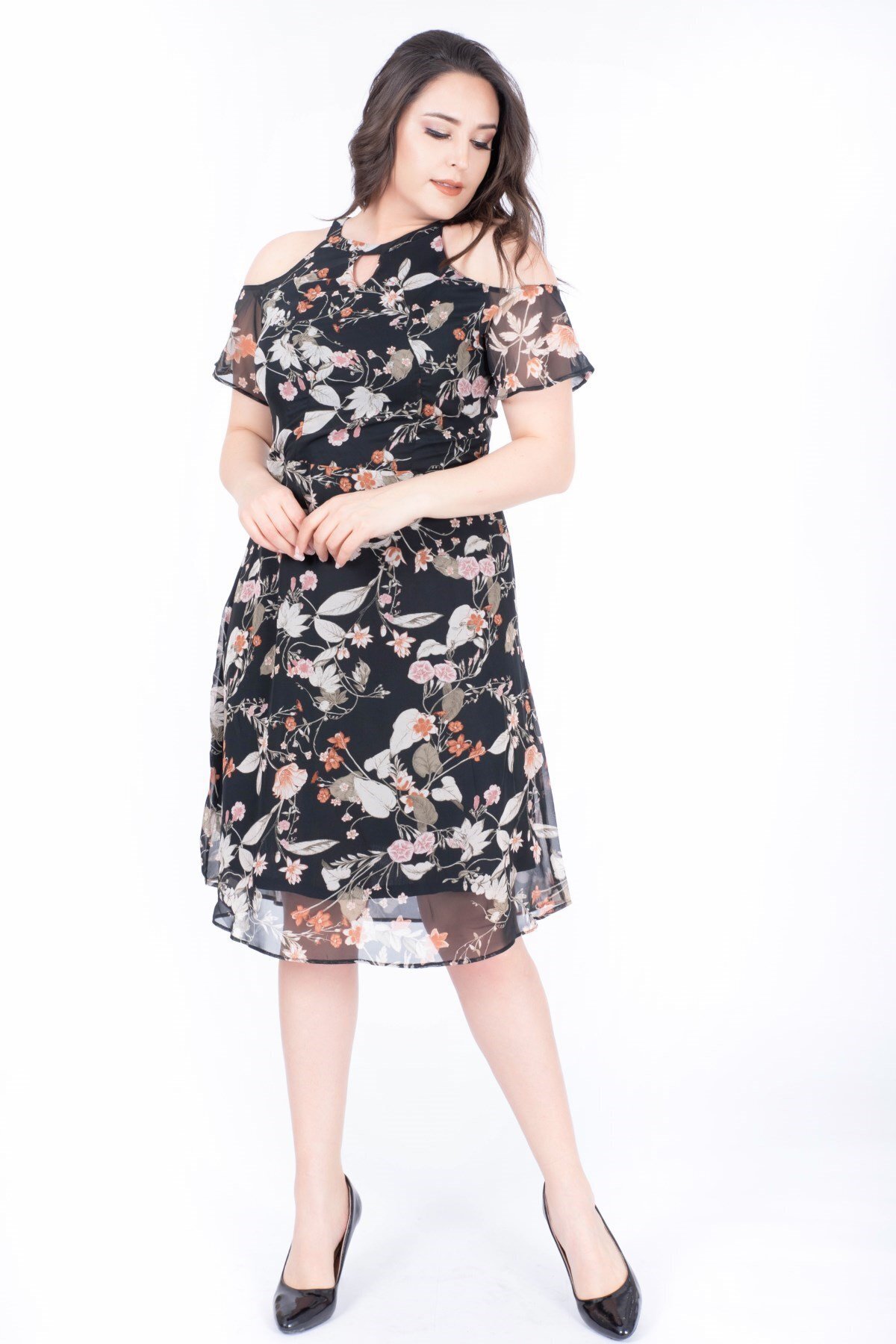 MYLİNE-Off Shoulder Lined Chiffon Dress 1