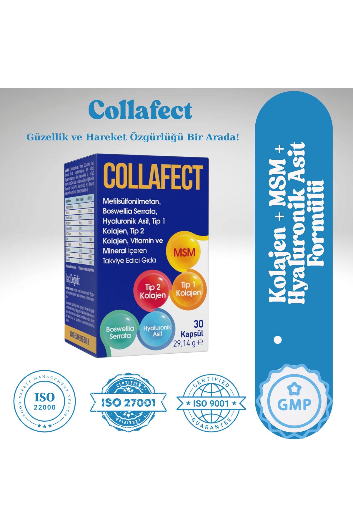 collafect Kolajen Takviyesi – Tip I & Iı Kolajen Hyaluronik Asit Msm | Cilt & Eklem Desteği | 30 Kapsül