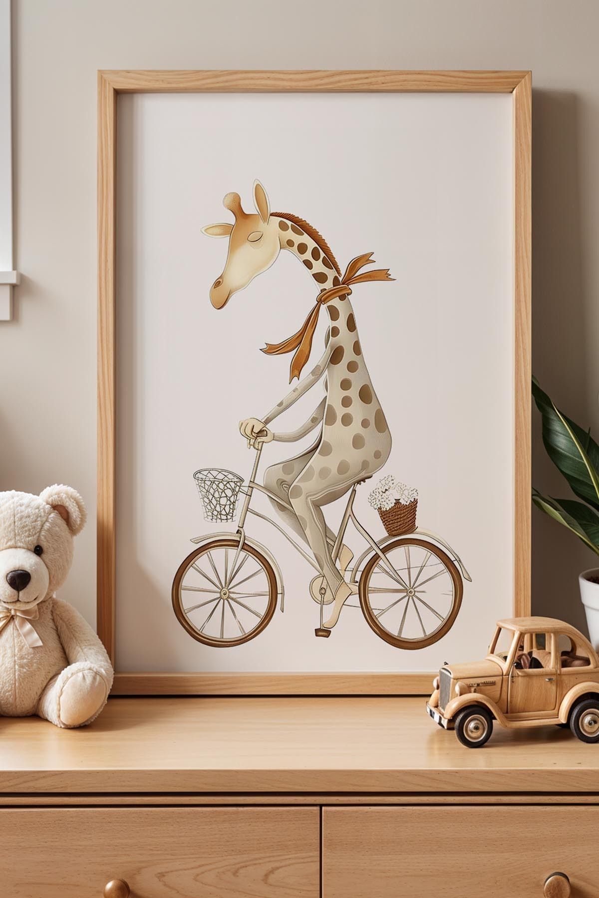Artiera Pictură Murală Pentru Cameră Pentru Copii Cu Girafă Cu Bicicletă Cu Cadru Din Lemn - 30 x 40