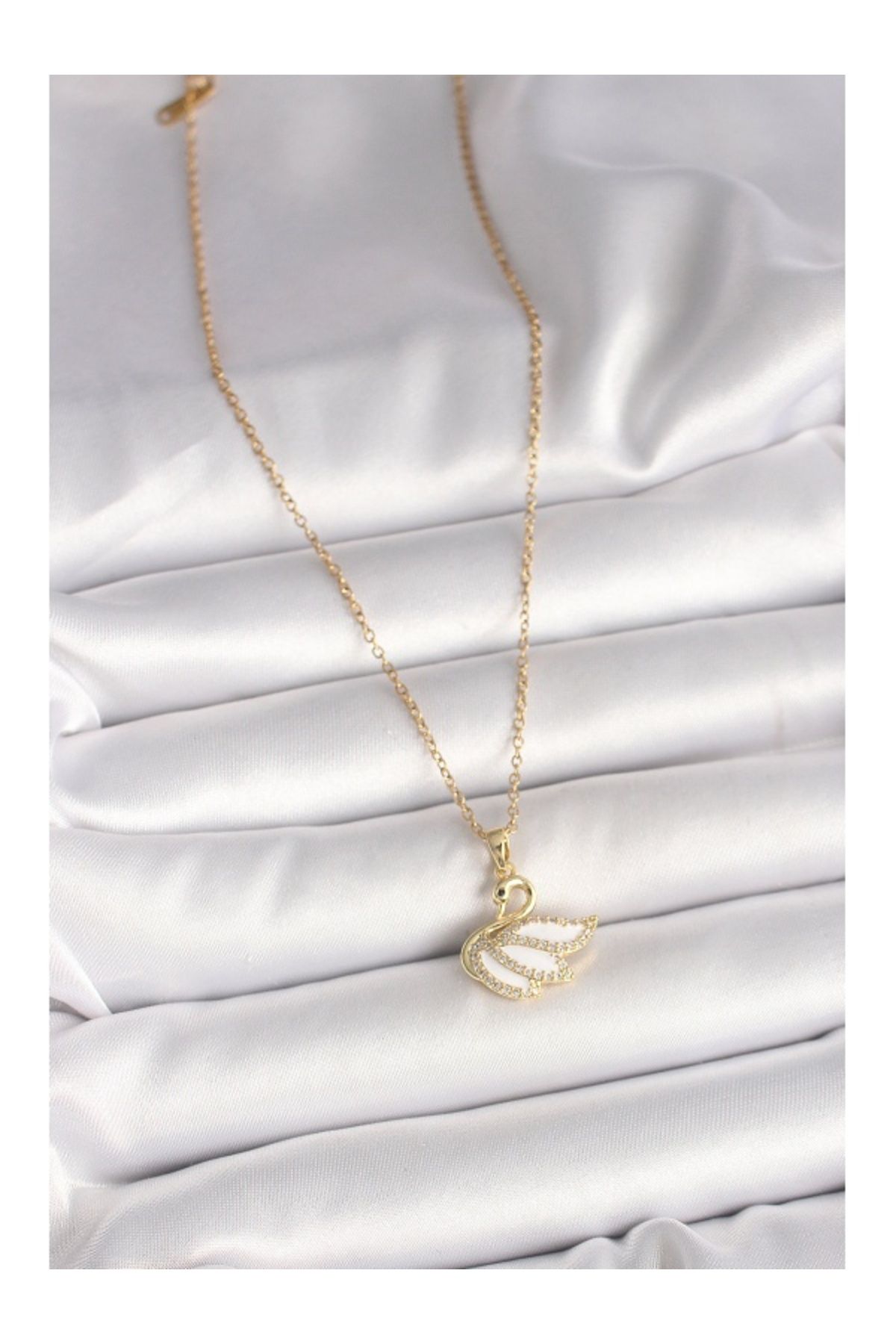 Clariss-316L Steel Gold Color Chain Zircon Stone Swan Model Women's Necklace 2