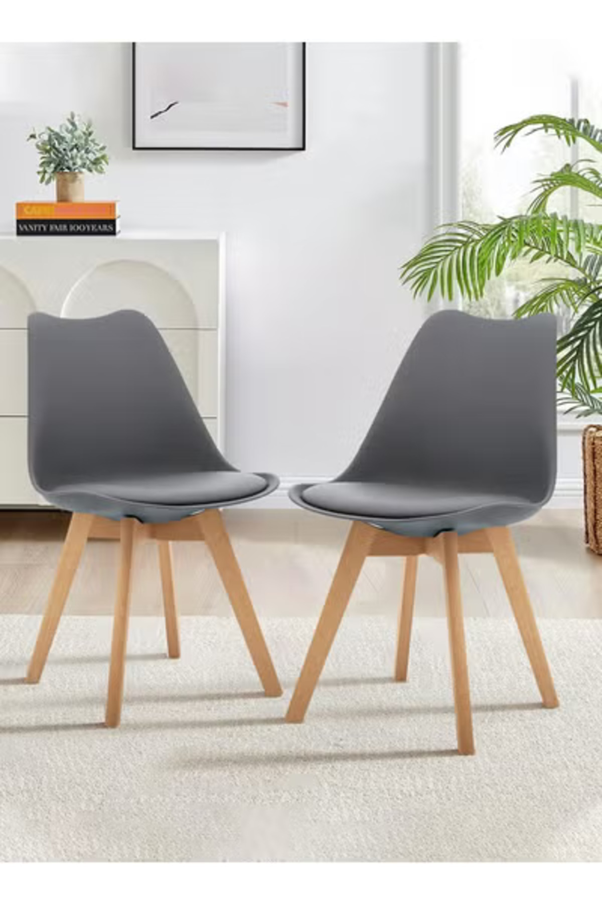 Taimi-Pack Of 2 Mid Century Modern Side Chair , PU Leather Soft Padded Seats and Solid Wood Legs Gray 1