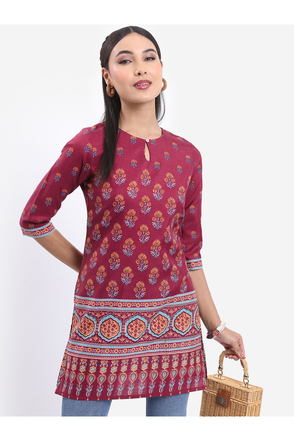 Vishudh By Styli-Maroon Keyhole Neck Floral Printed Kurti 6