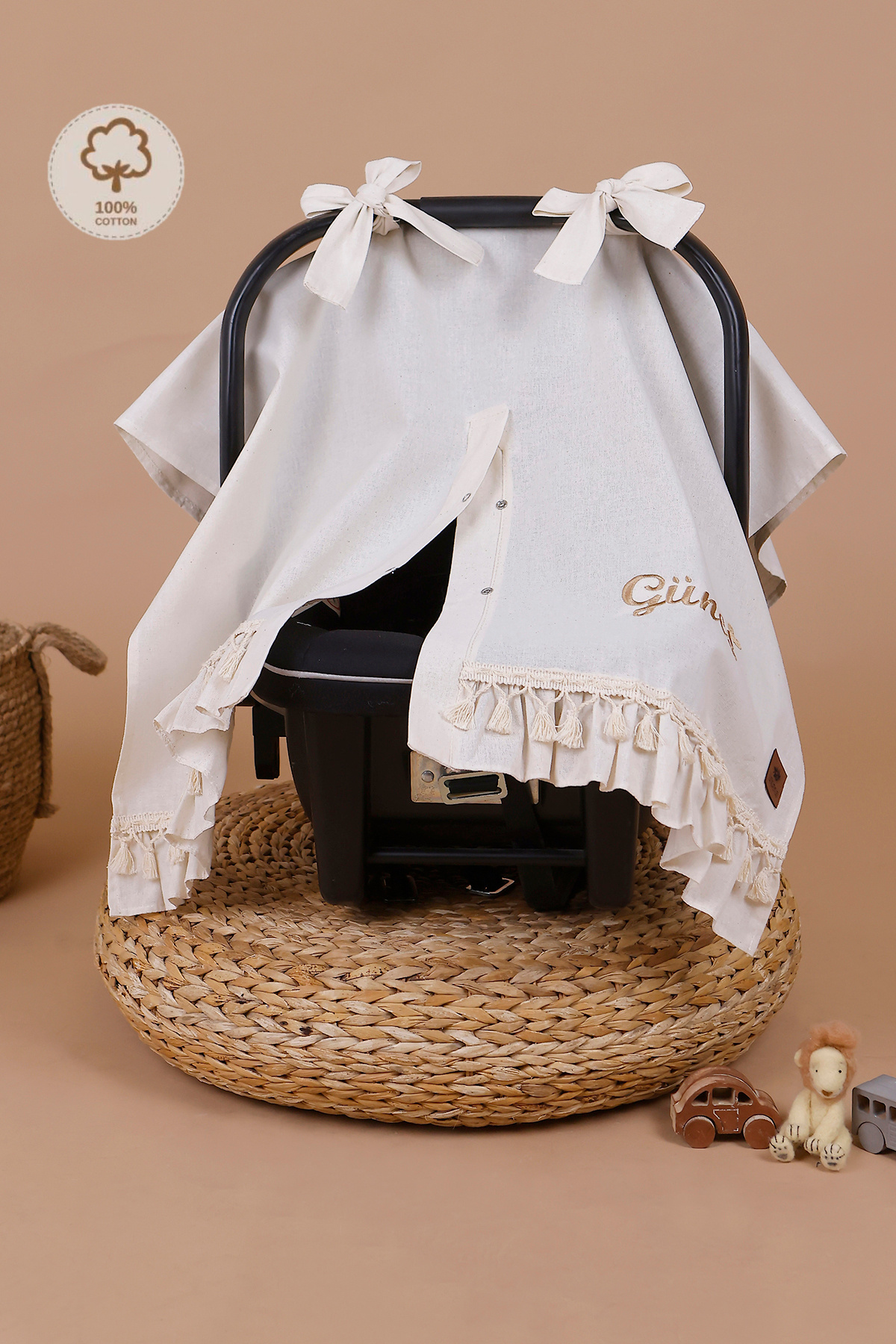 JUNİPERUS Kişiye Özel İsimli Nakışlı Organik Keten Puset Örtüsü Oeko-Tex Sertifikalı Fırfırlı fotoğrafı 7 (önizleme)