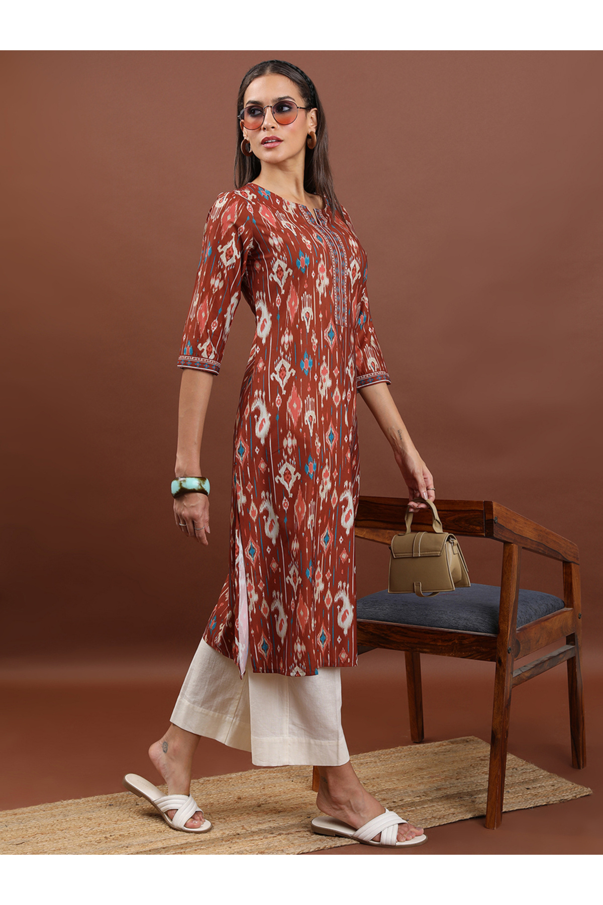 Vishudh By Styli-Brown Geometric Printed Notch Neck Straight Kurta 4