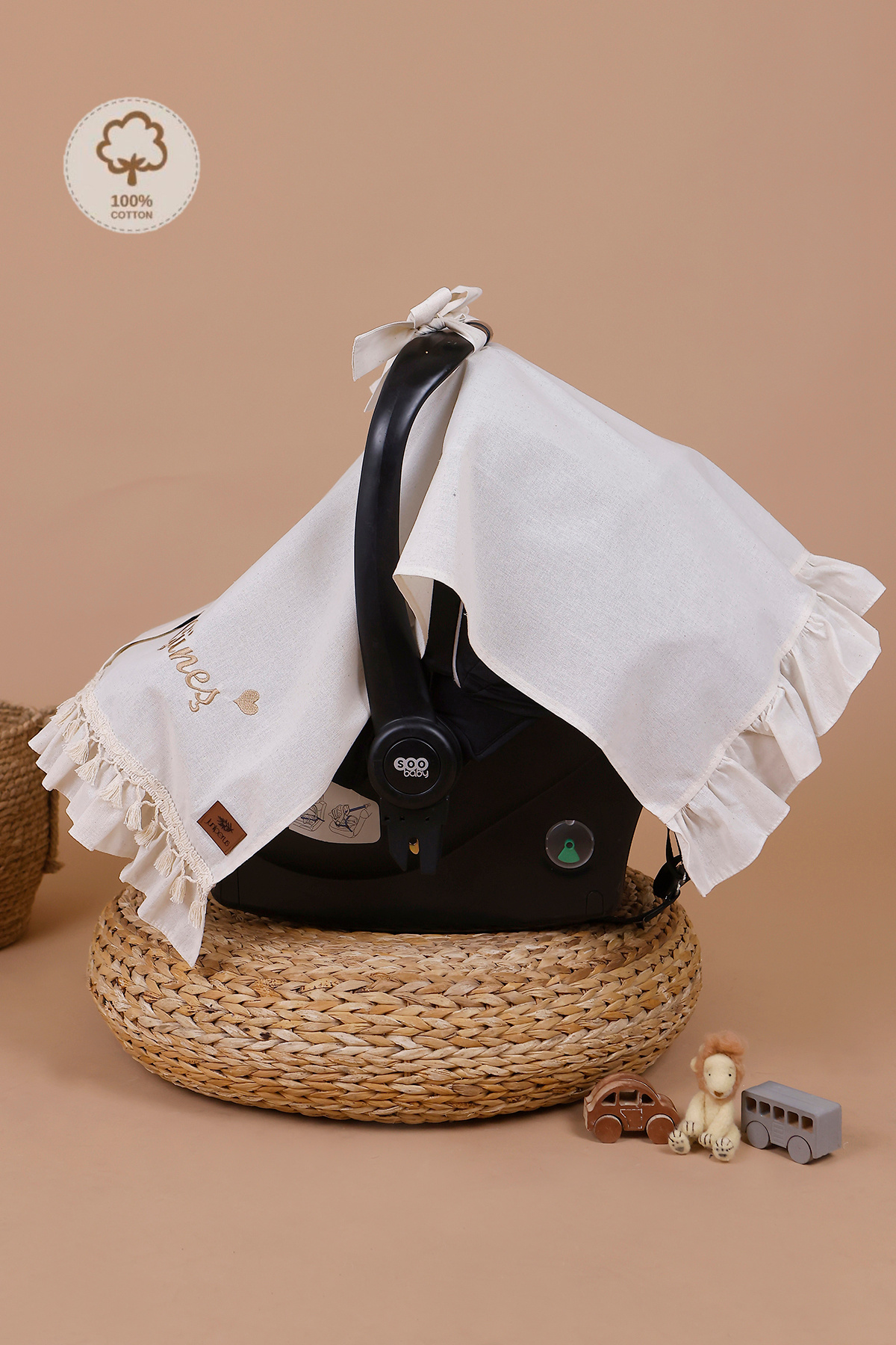 JUNİPERUS Kişiye Özel İsimli Nakışlı Organik Keten Puset Örtüsü Oeko-Tex Sertifikalı Fırfırlı fotoğrafı 5 (önizleme)