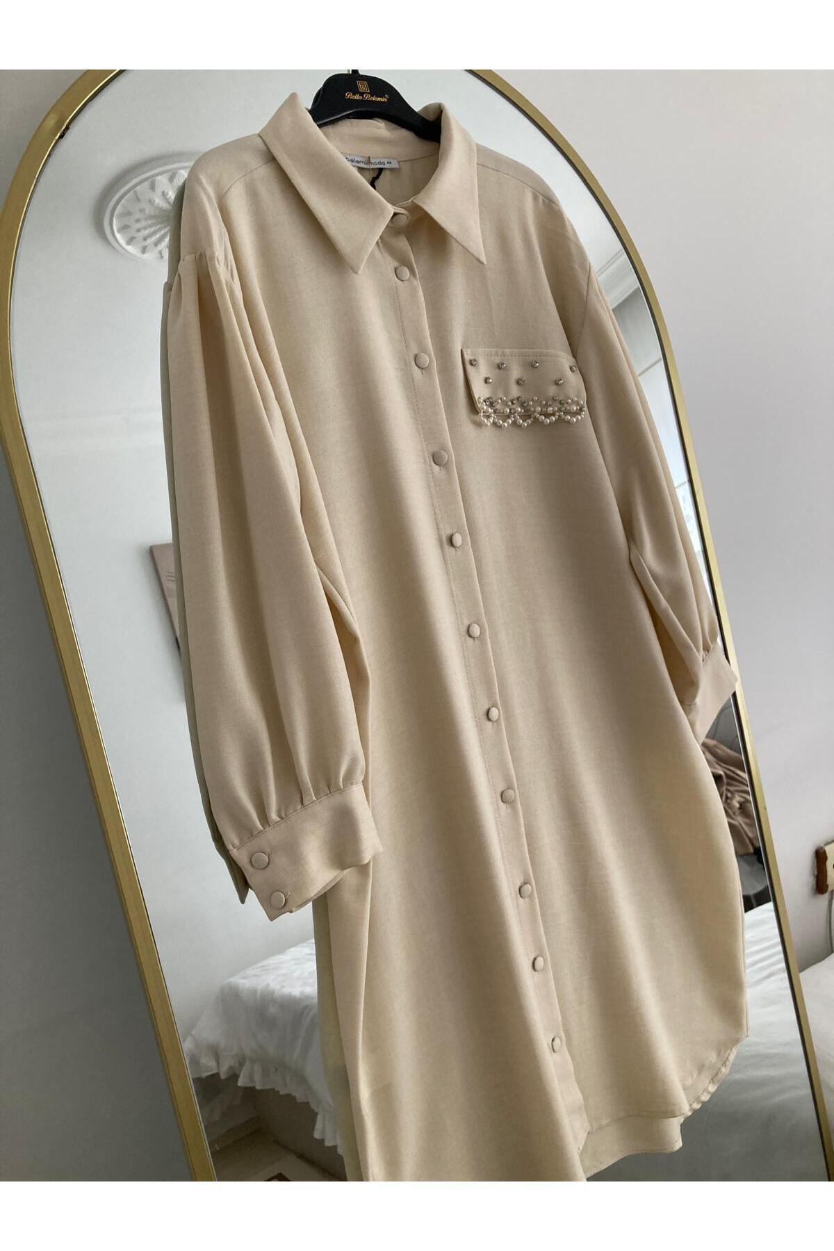 Belemir-Rstm Boutique Long Front Button Stone Detailed Wrinkle Free Linen Fabric Tunic 5