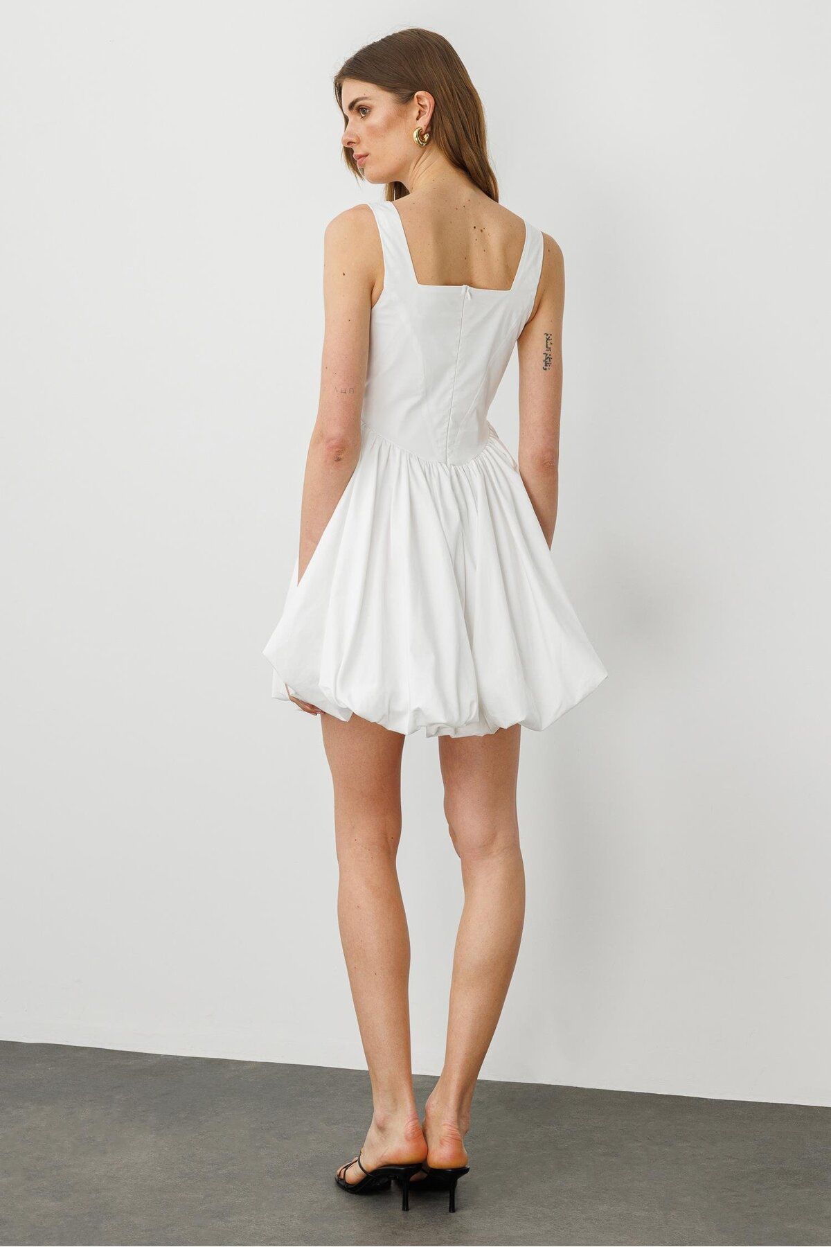 pieces of melon-White Cotton Dress with Square Collar Corset Detail and Strap Mini Balloon Skirt 5