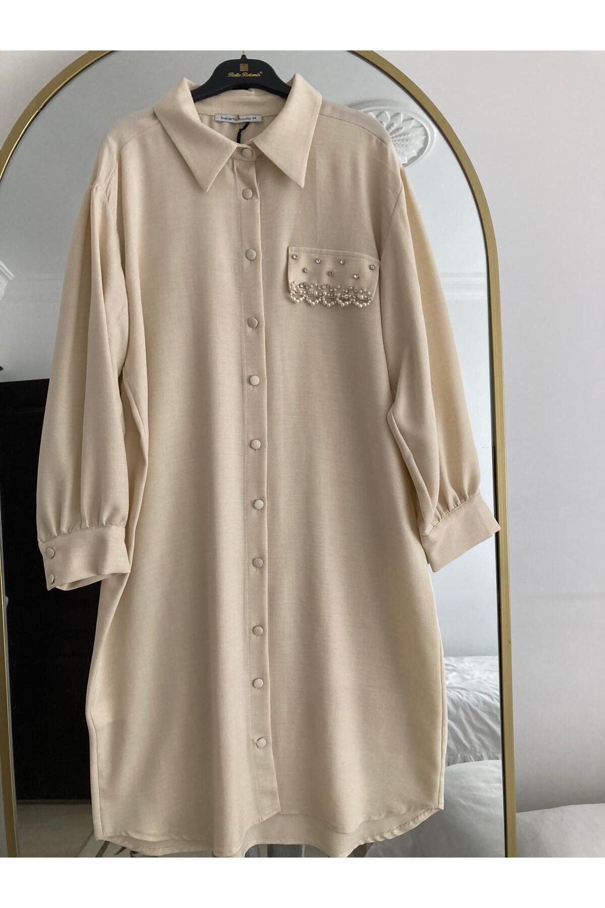 Belemir-Rstm Boutique Long Front Button Stone Detailed Wrinkle Free Linen Fabric Tunic 7