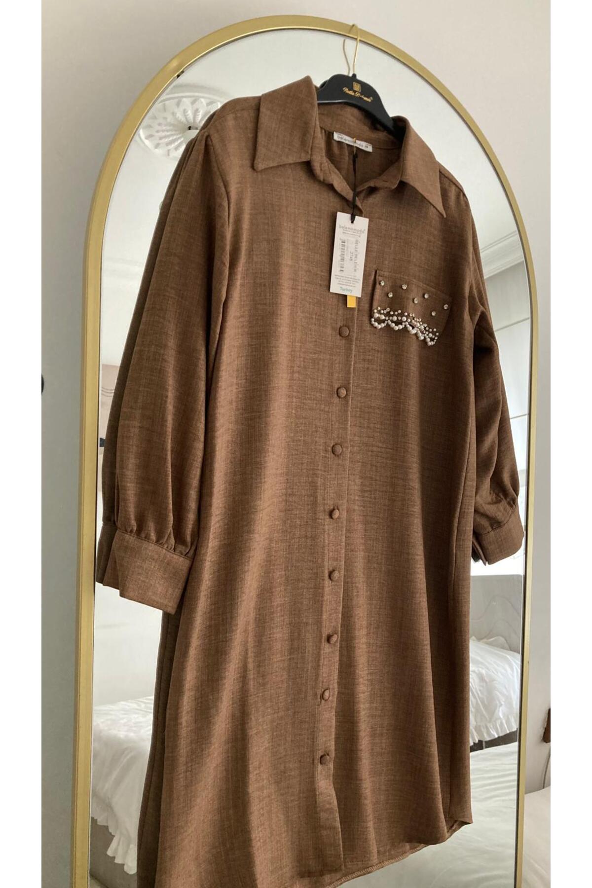Belemir-Rstm Boutique Long Front Button Stone Detailed Wrinkle Free Linen Fabric Tunic 3