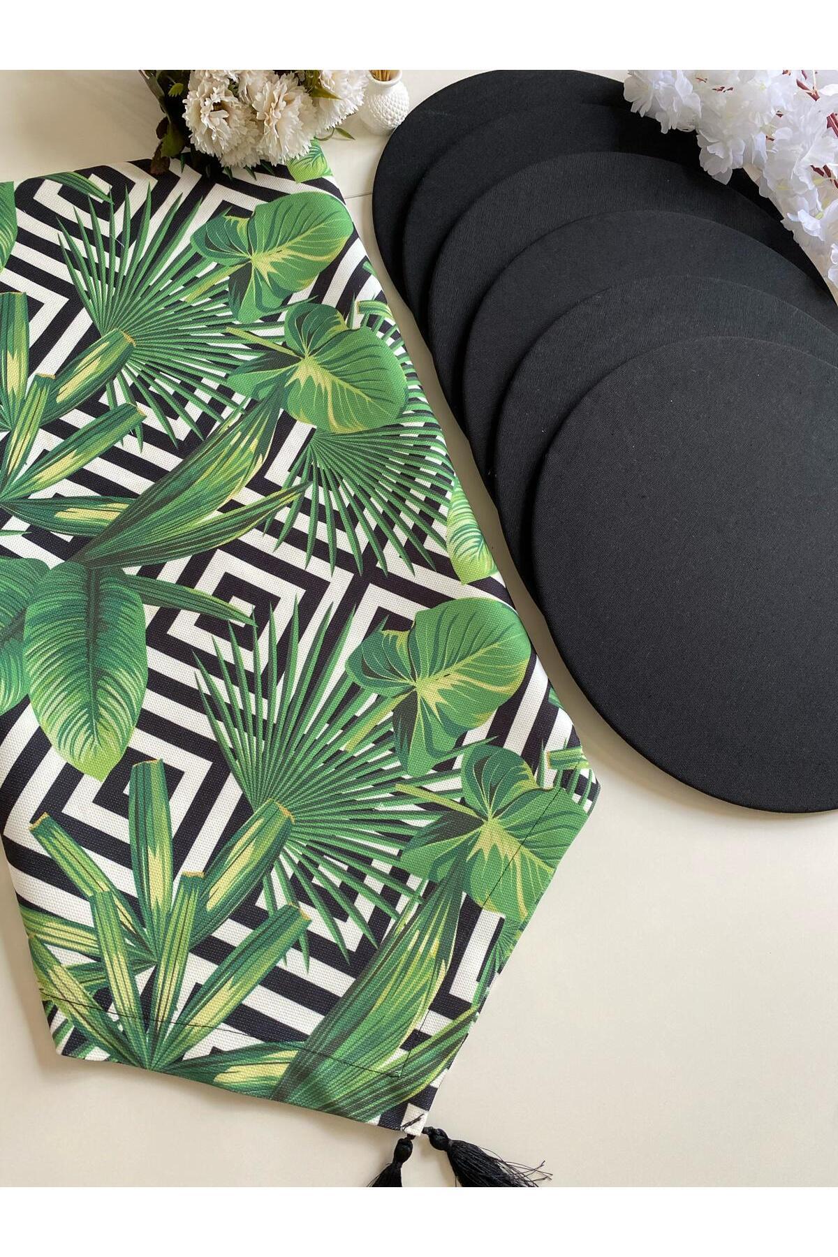 Runner Supla Home-Tropical Leaf Pattern Tasseled Runner & Black Plate Set 40X140 cm and 6 Pieces 1