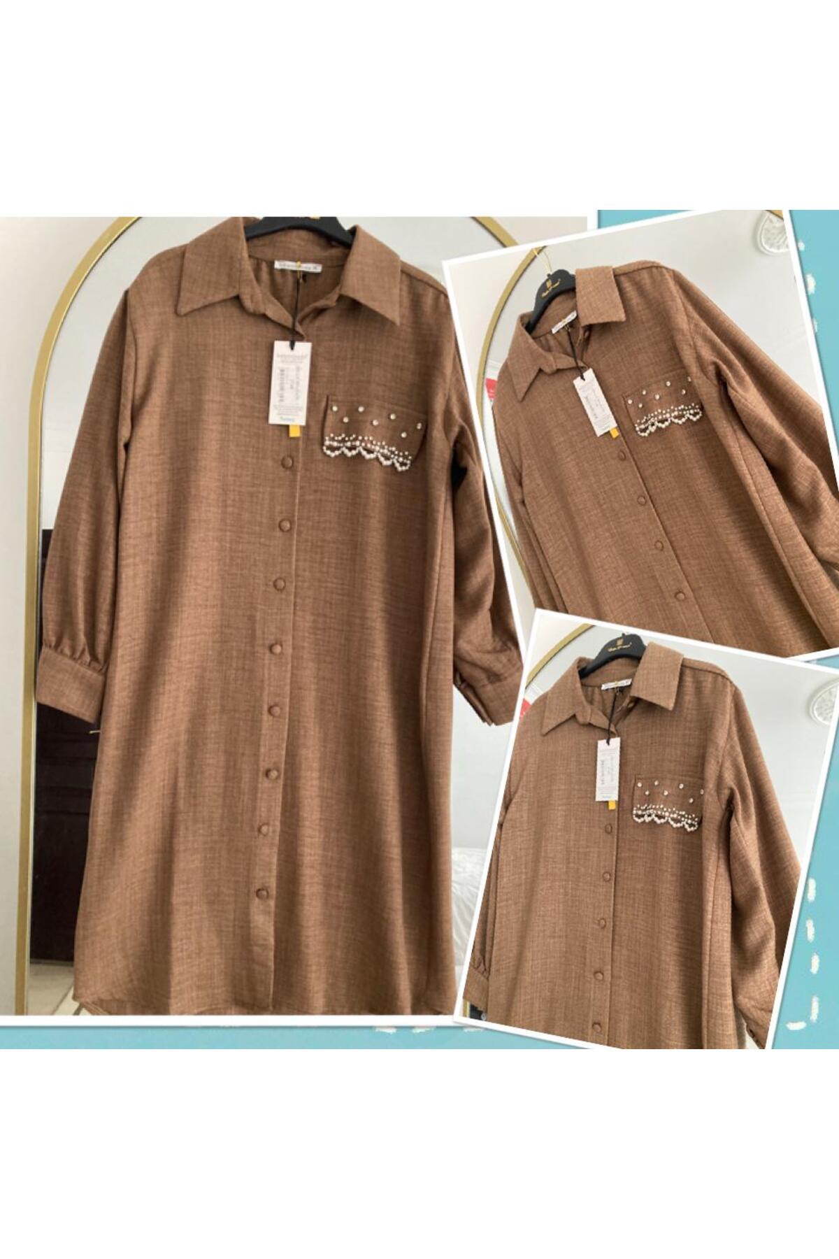 Belemir-Rstm Boutique Long Front Button Stone Detailed Wrinkle Free Linen Fabric Tunic 1