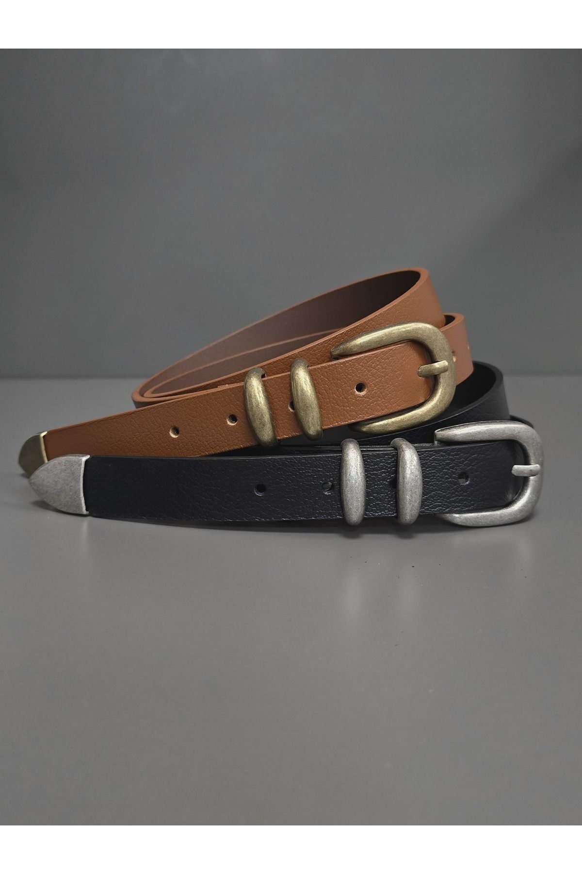 Kemerix-100% Genuine Leather Black Tin-Tan Antique Coated Suit Buckle 2-Piece Belt Set 4