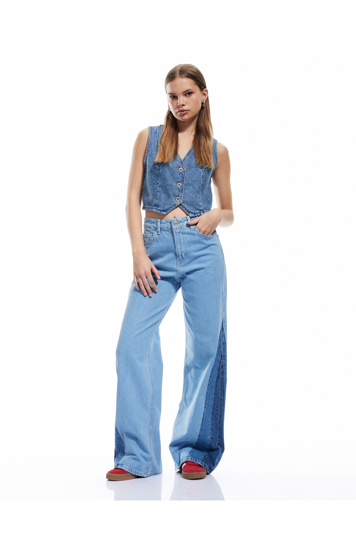 Koton Yeni Sezon Yüksek Bel Geniş Paça Renk Bloklu Pamuklu Denim Pantolon- Wide Leg Jeans