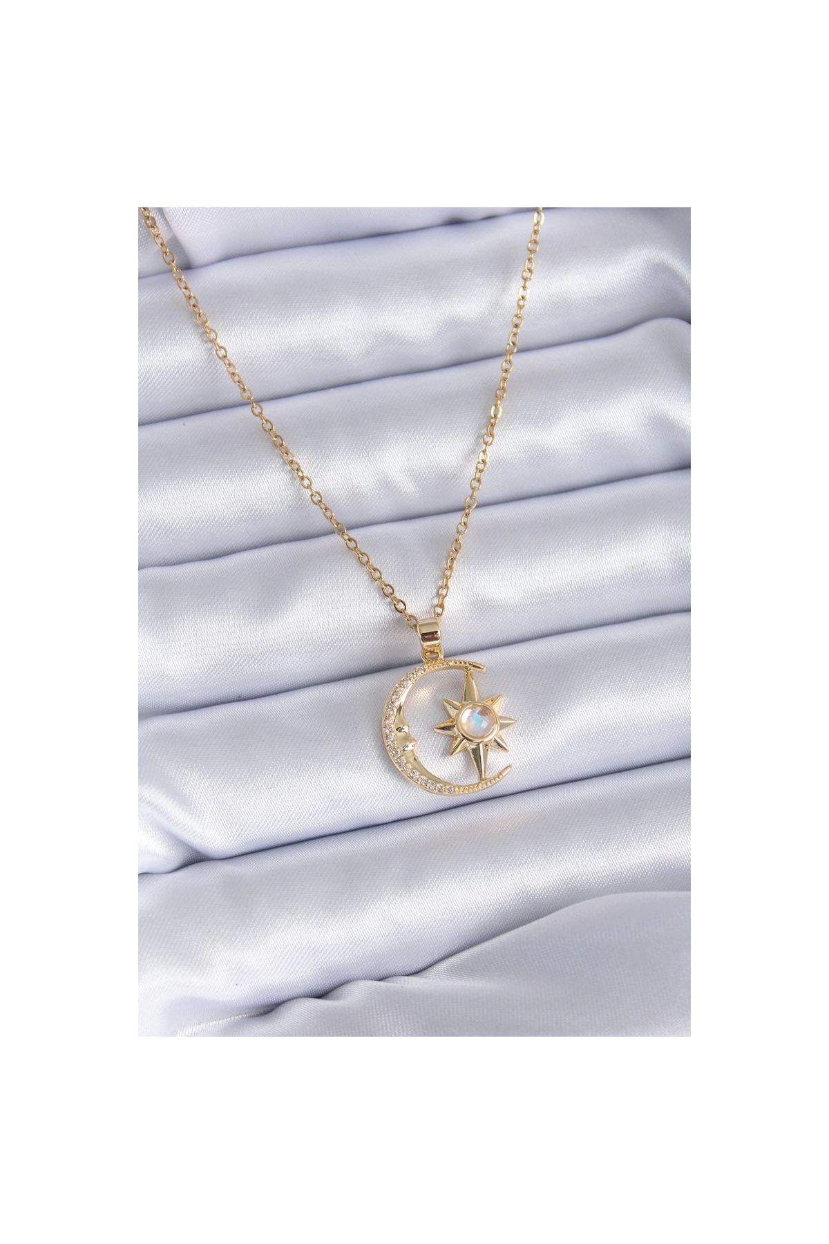 Narnuga 316L Çelik Gold Renk Zirkon Taşlı Ay Yıldız Model Kadın Kolye - TJ-BKO7688