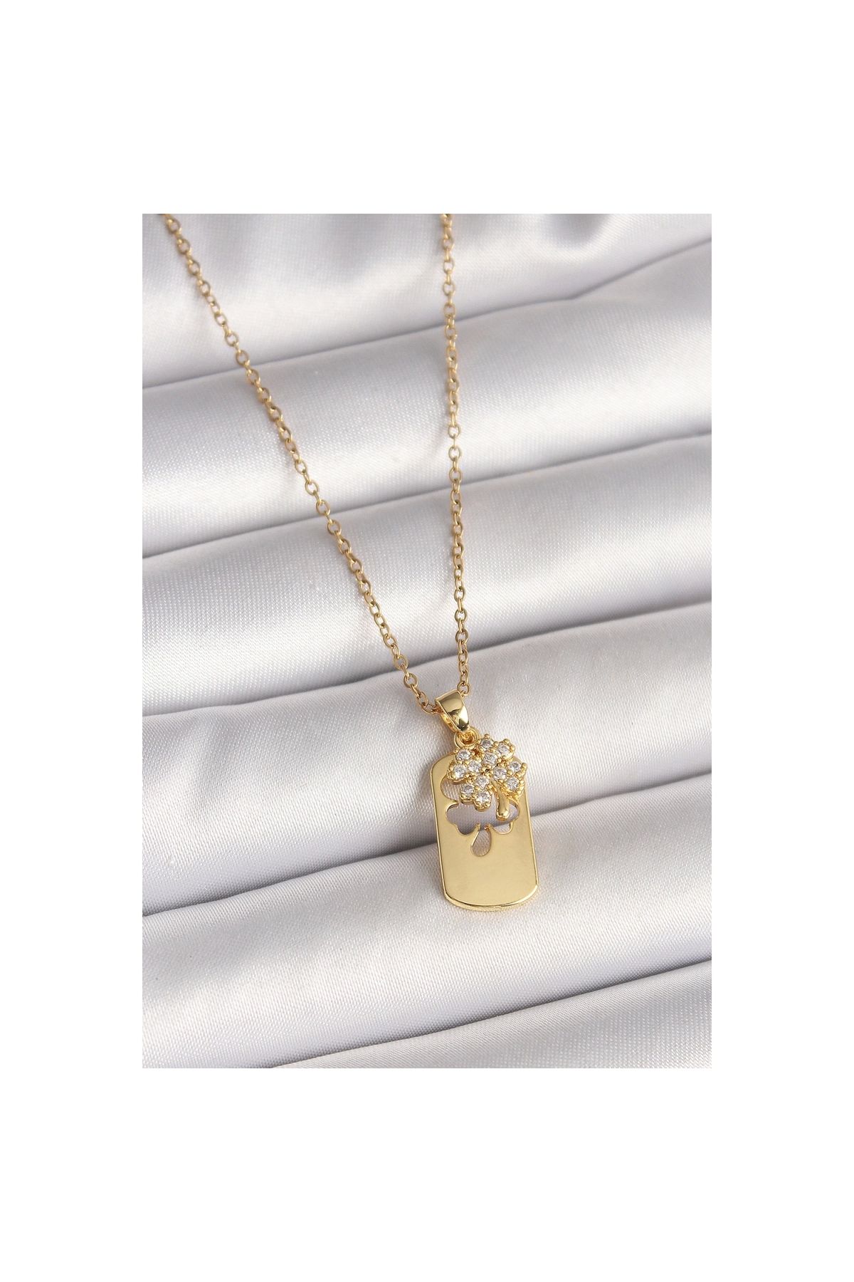 Narnuga 316L Çelik Gold Renk Zincir Zirkon Taşlı Yonca Model Kadın Kolye - TJ-BKO9954