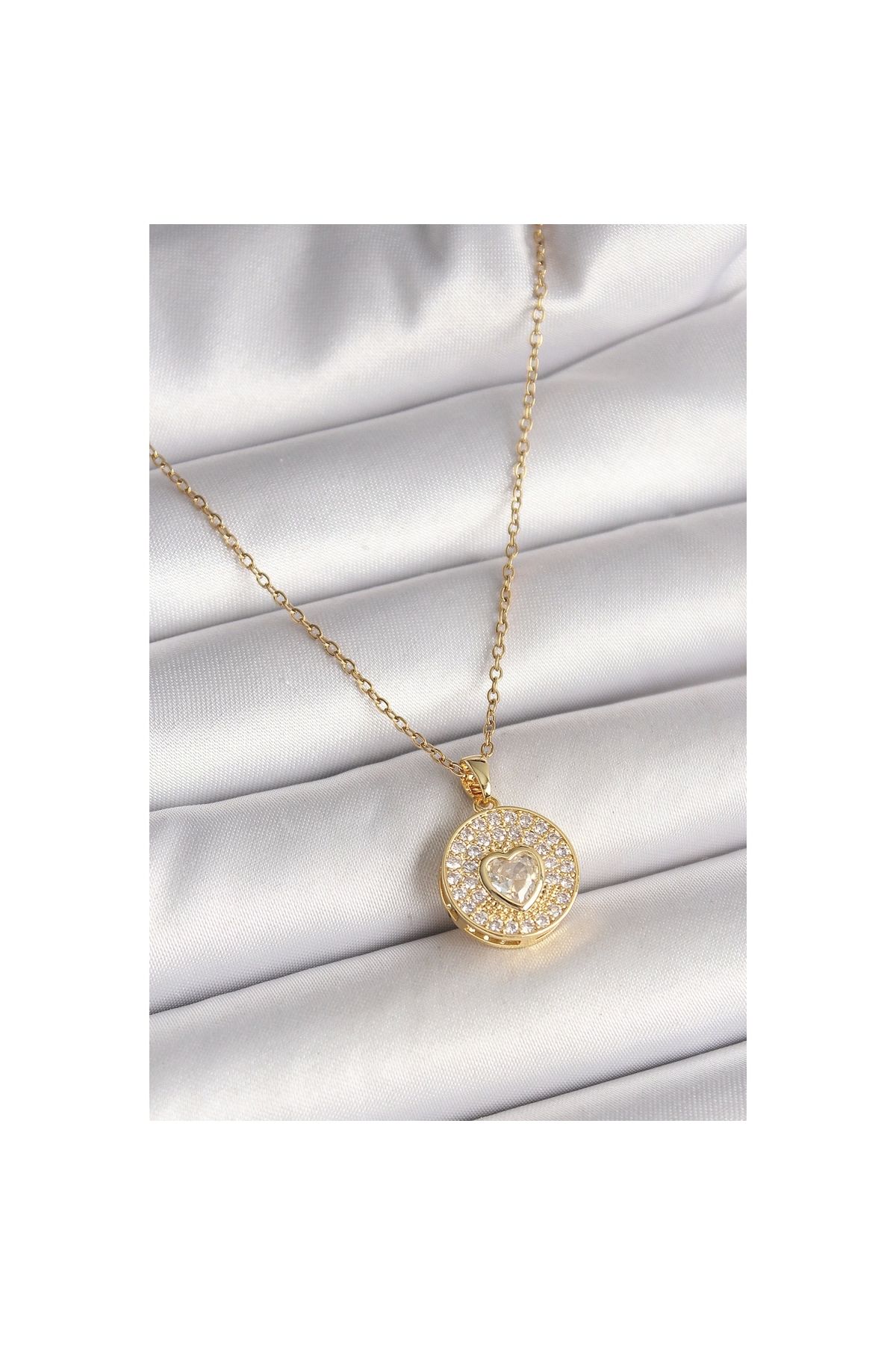 Narnuga 316L Çelik Gold Renk Zincir Madalyon Zirkon Taşlı Kalp Model Kadın Kolye - TJ-BKO9946
