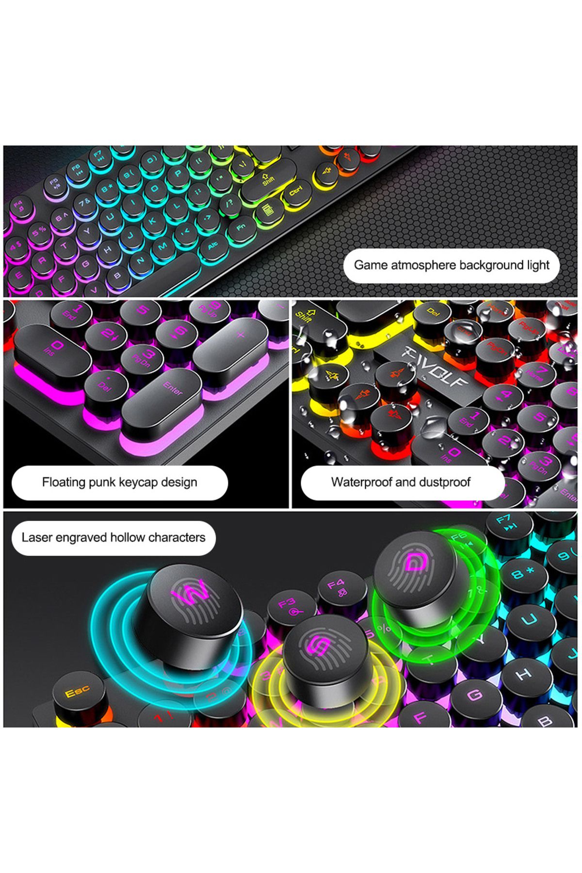 T-WOLF-104-Key RGB Punk Backlit Keyboard & Mouse Combo, Mechanical Feel Gaming Keyboards with Retro Keycaps 3