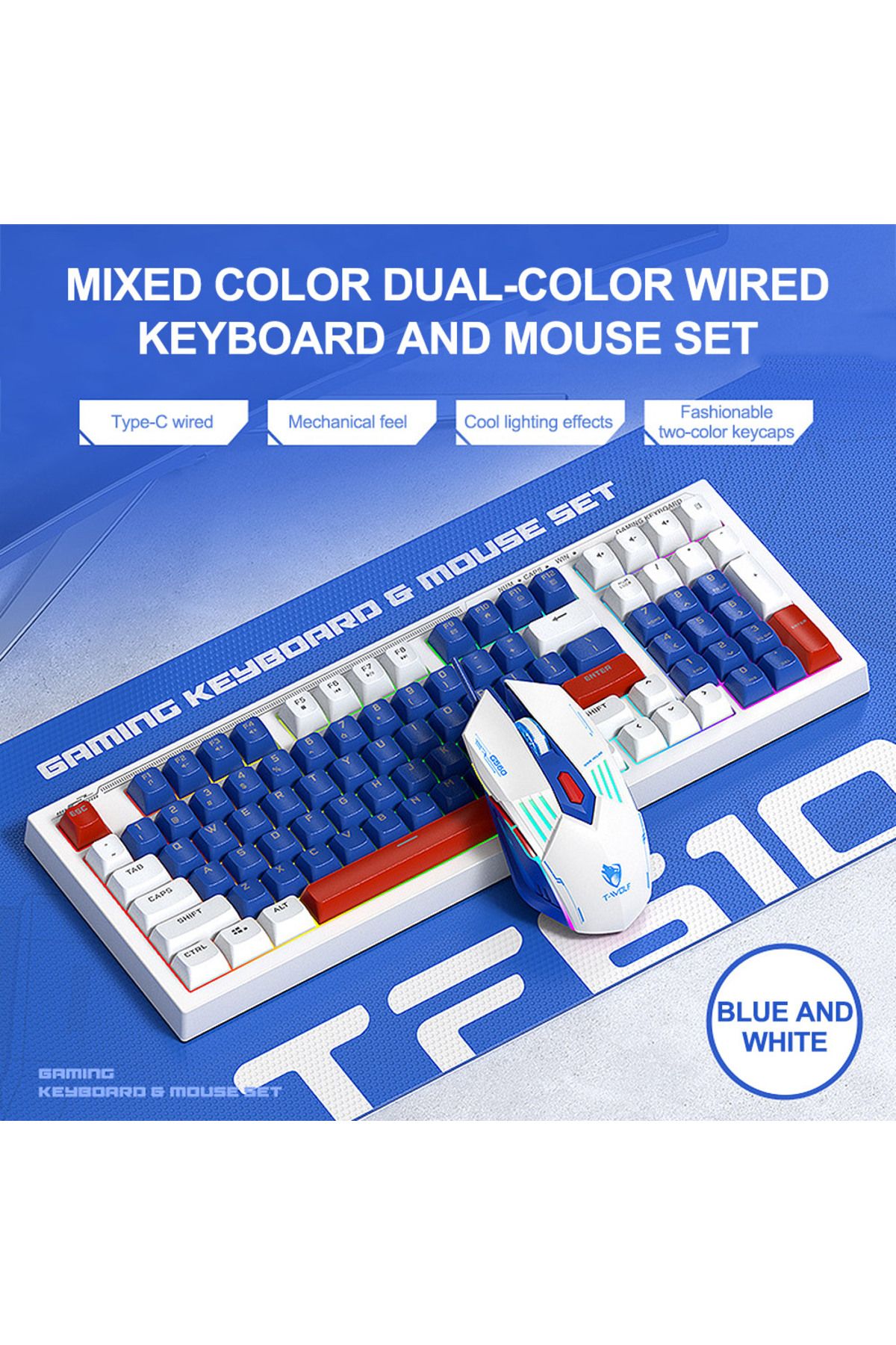 T-WOLF-Gaming Keyboard and Mouse Combo, 98-Key Compact RGB Mechanical Feel Keyboard with Type-C Wired 3