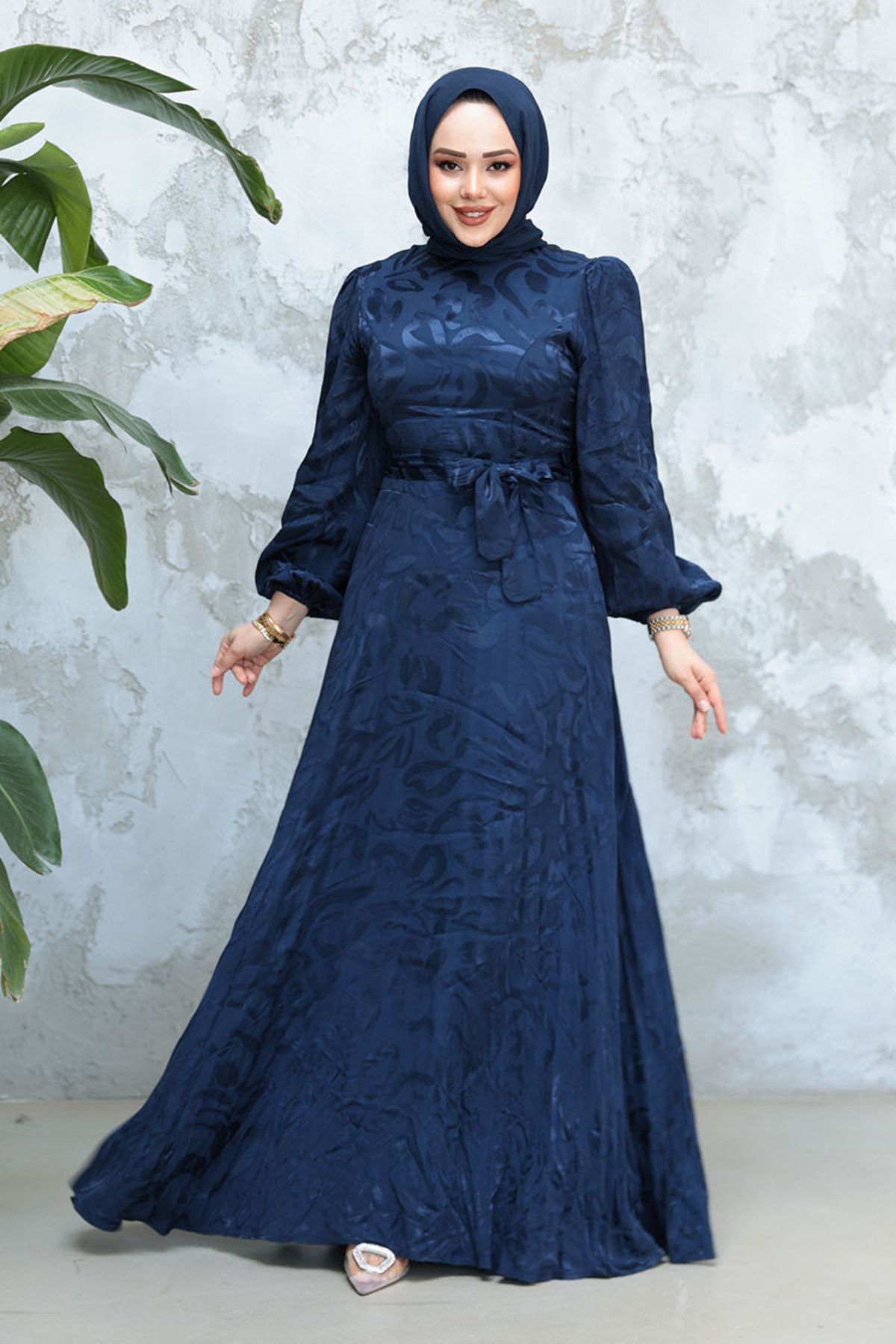N.S NEVA STYLE Desenli Lacivert Tesettür Abiye Elbise 23274L