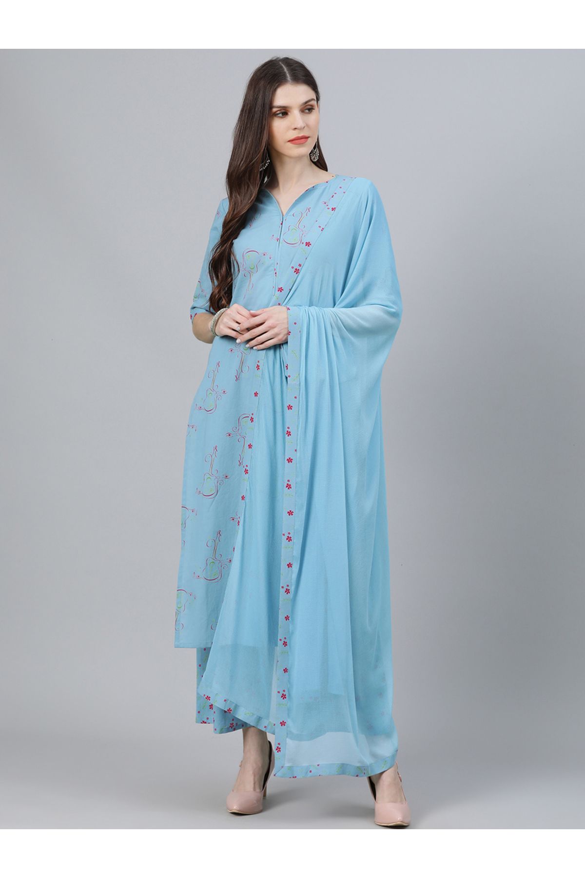 Libas By Styli-طقم كورتا مطبوع مع بالازو ودوباتا شيفون سادة 1