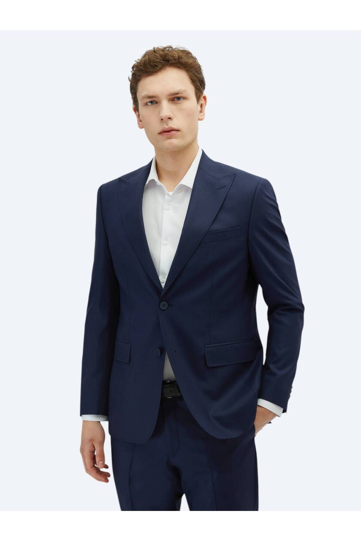 Kip Lacivert Çizgili Modern Fit Yün Karışımlı Takım Elbise