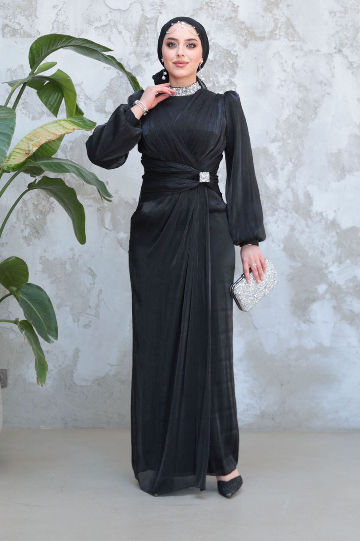 Neva Style Rochie De Seară Hijab Neagră Cu Detaliu Draperie 50581s Femeie - 40