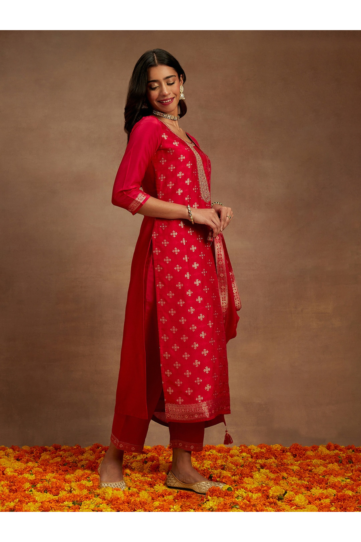 Libas By Styli Printed Straight Kurta and Solid Trouser with Dupatta Set