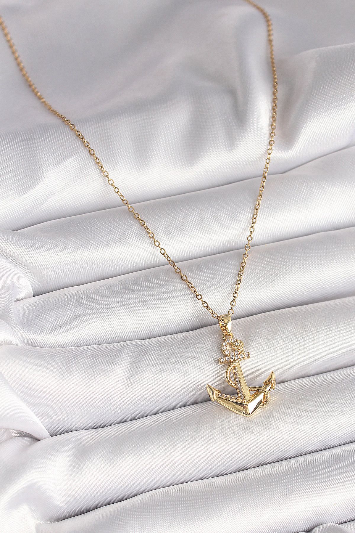 YTT Marketing-316L Steel Gold Color Chain Zircon Stone Detailed Anchor Model Women's Necklace 2