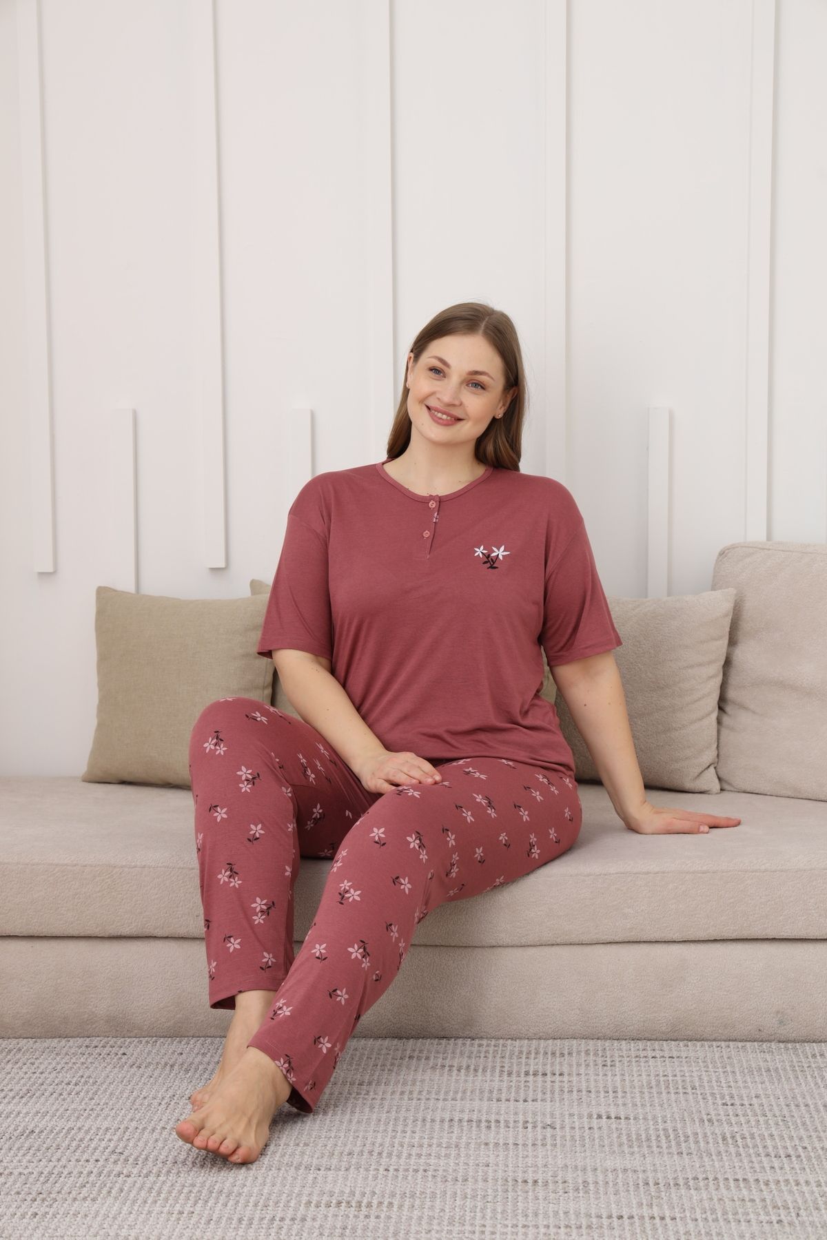 WAYNAP Viskon Kumaş Kadın Büyük Beden Kısa Kollu Pijama Takımı