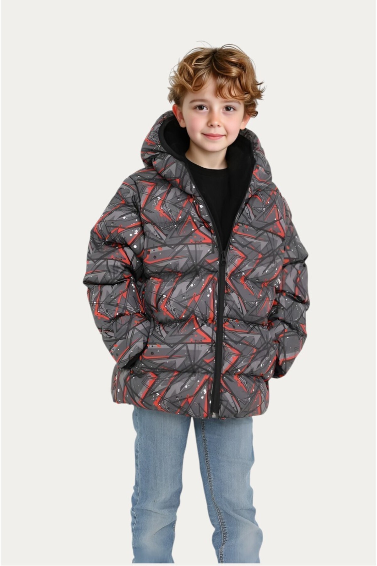 مونتلند کاپشن زمستانی پسرانه طرح هندسی مشکی، آستر پشمی، ضد آب و باد، کلاه دار، پددار، جیب دار