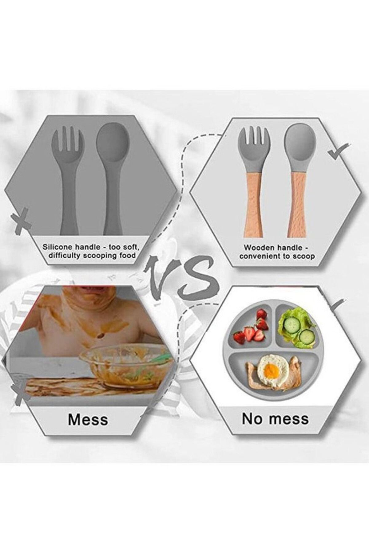 COOYA-Silicone Baby Feeding Set,Toddler Divider Plate & Bowl with Suction,BPA Free(Grey) 4