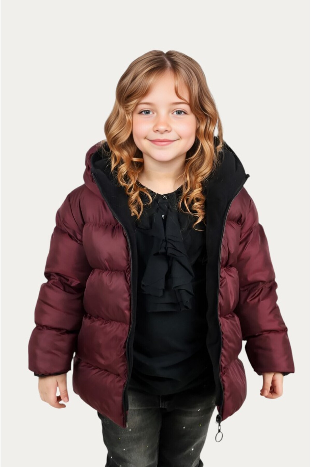 مونتلند کاپشن و پالتو زمستانی پفی ضد آب و بادگیر دخترانه، کلاه دار، آستر پشمی زرشکی