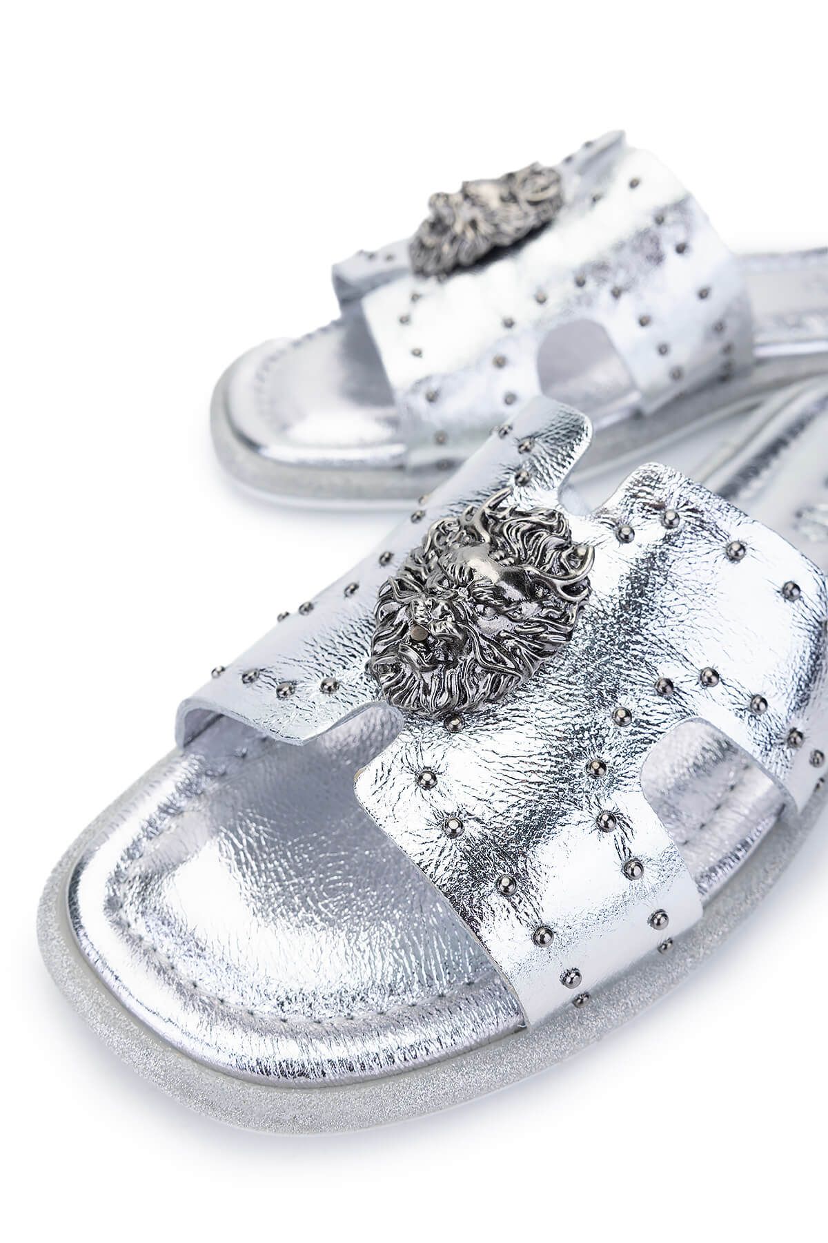Tamer Tanca-Women's Genuine Leather Gray Flat Slippers 3