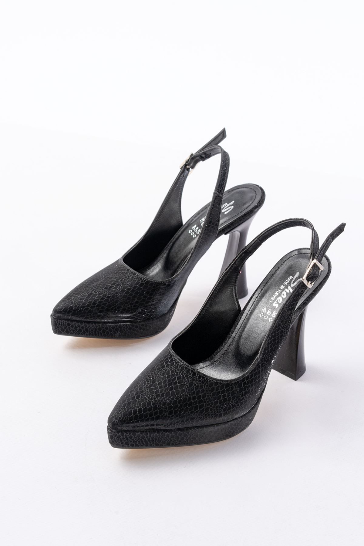 İNFON-Infon B-2101 Black Daily Open Back Snake Pattern Heeled Shoes 3