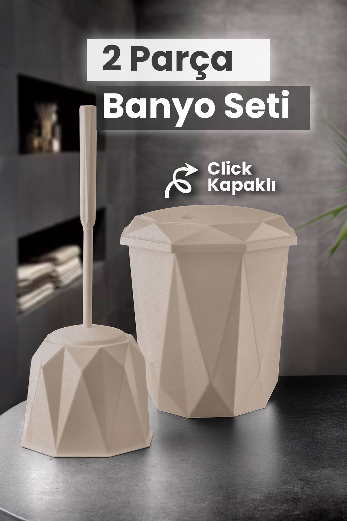 2 Parça Vanity Klik Kapaklı Banyo Seti - Dekoratif Banyo Düzenleyici Çöp Kovası Wc Klozet Fırça Seti