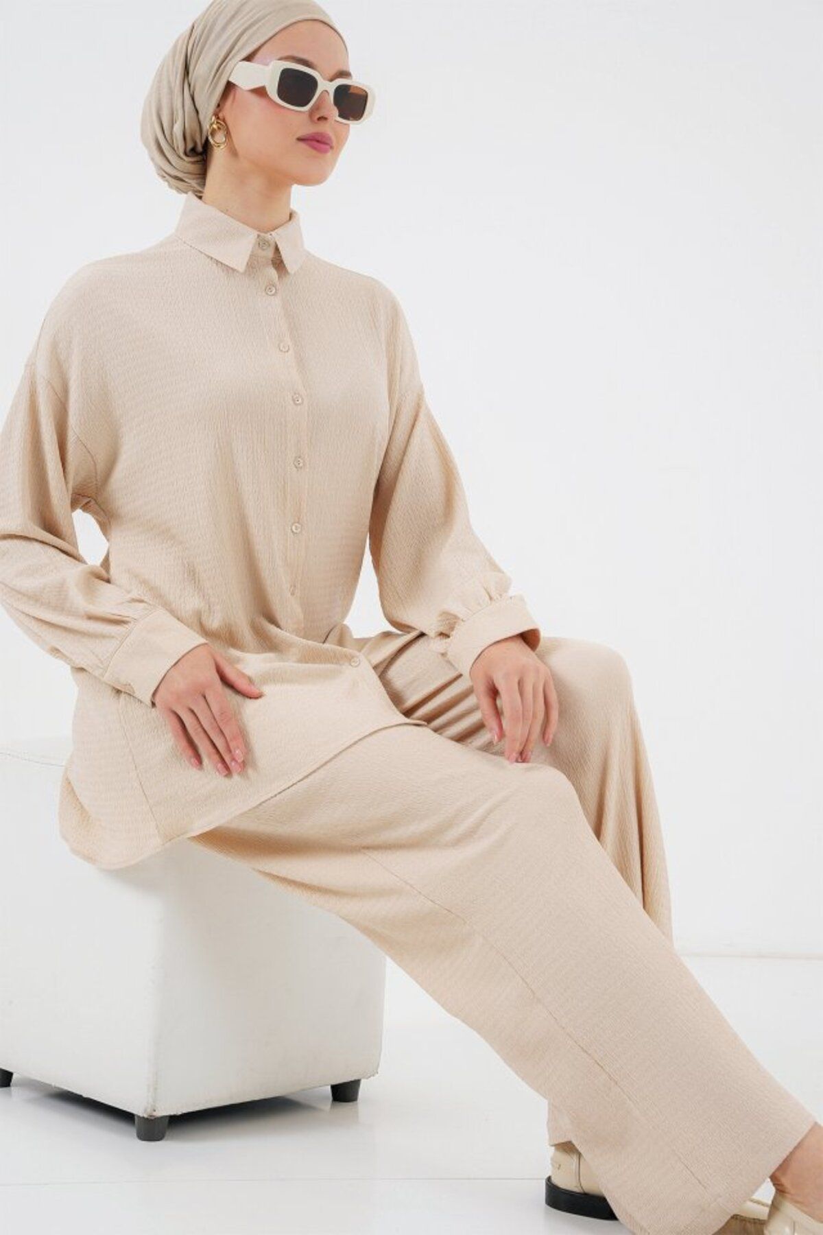 ASFSTORE Örme Tesettür Alt Üst Takım 6711 - Krem