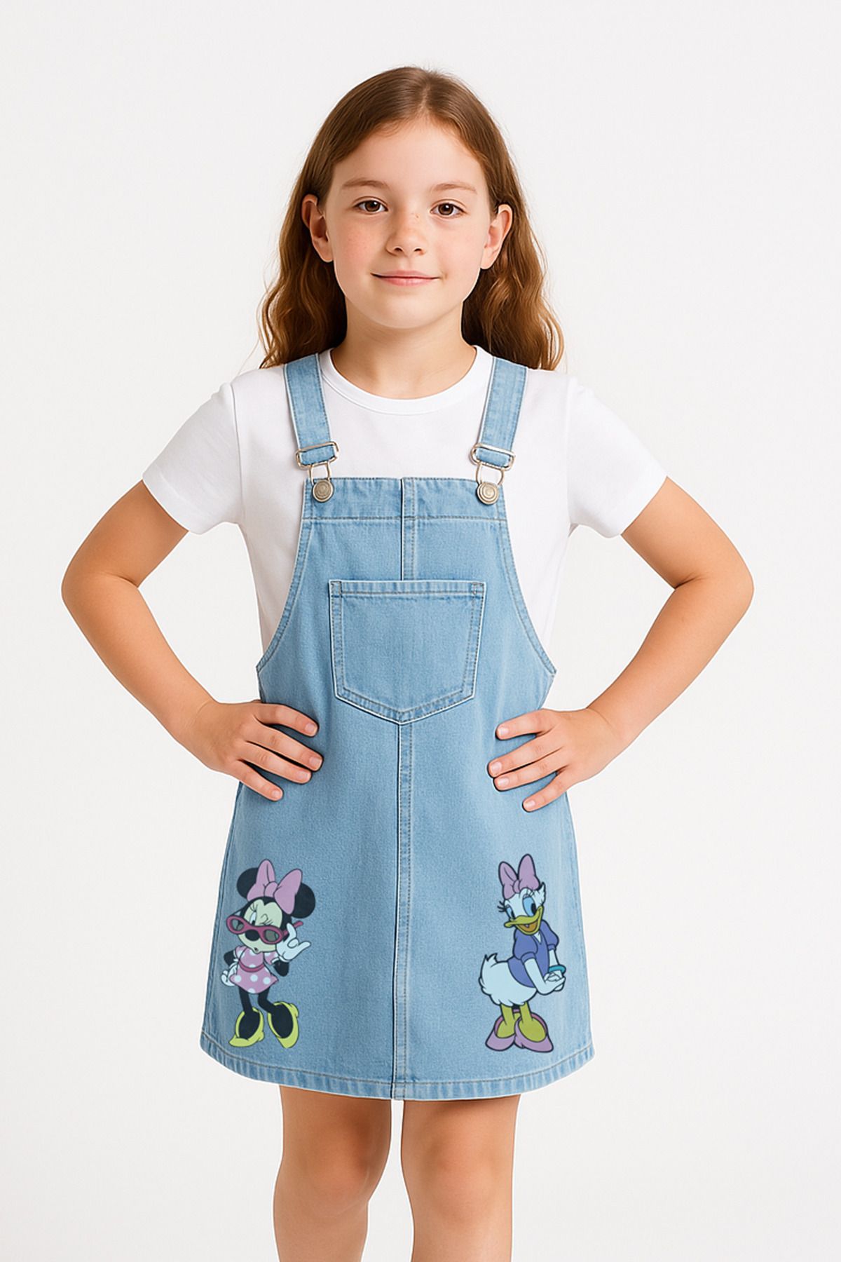 Trend Bebe Butik Rochie Gilet Din Denim Cu Bretele Cu Imprimeu Minnie Daisy Pentru Fetiță De 2-8 Ani | Rochie De Vară Jean Salopet Femeie - 4-5