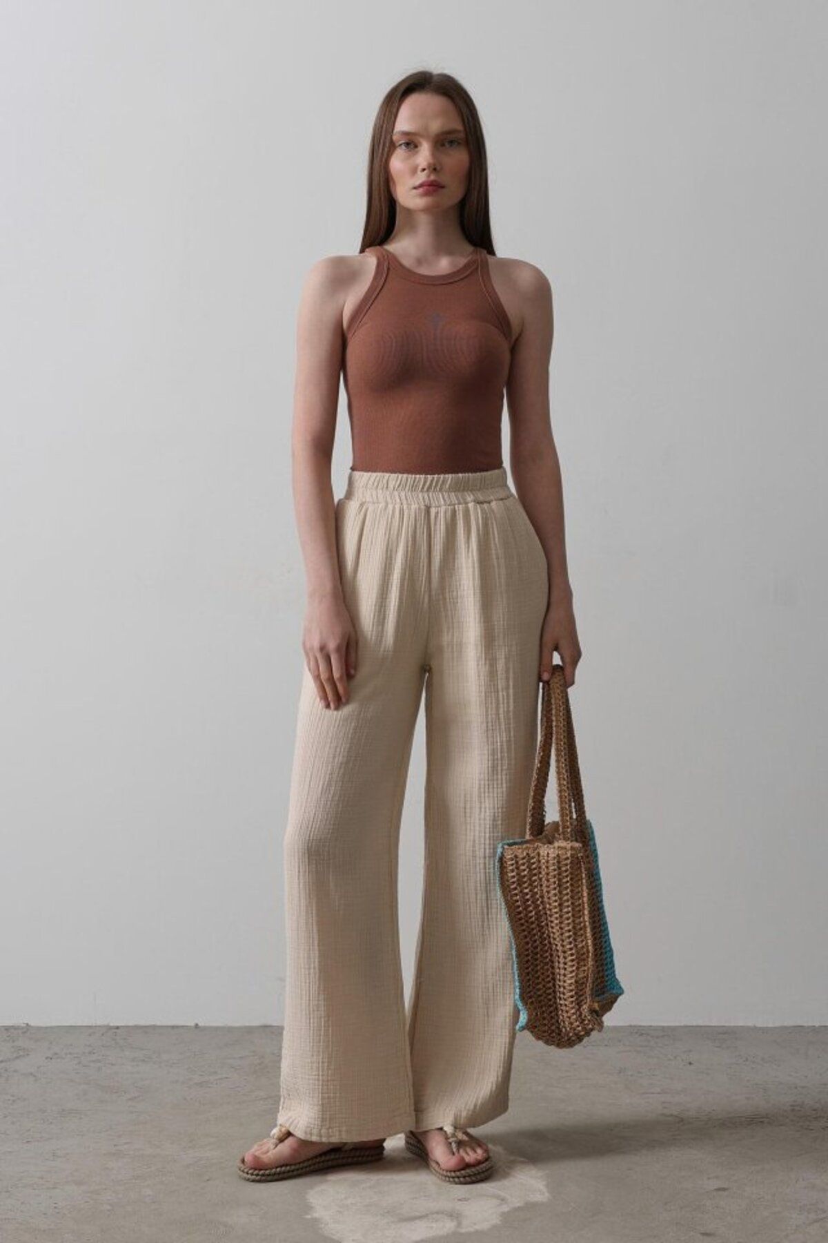 Kokosh moda Yıkamalı Müslin Pantolon - Taş
