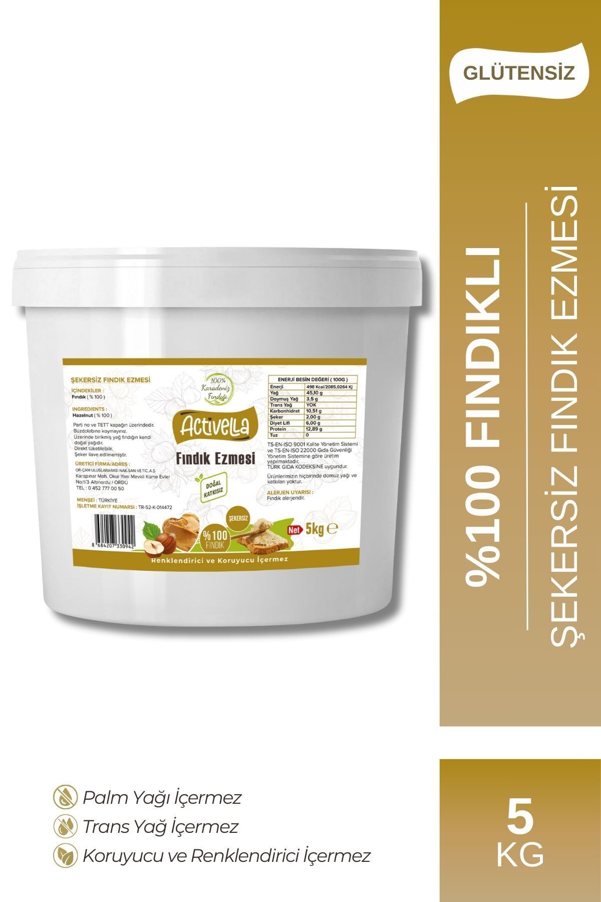 Activella Şekersiz Fındık Ezmesi 5kg %100 Fındıklı