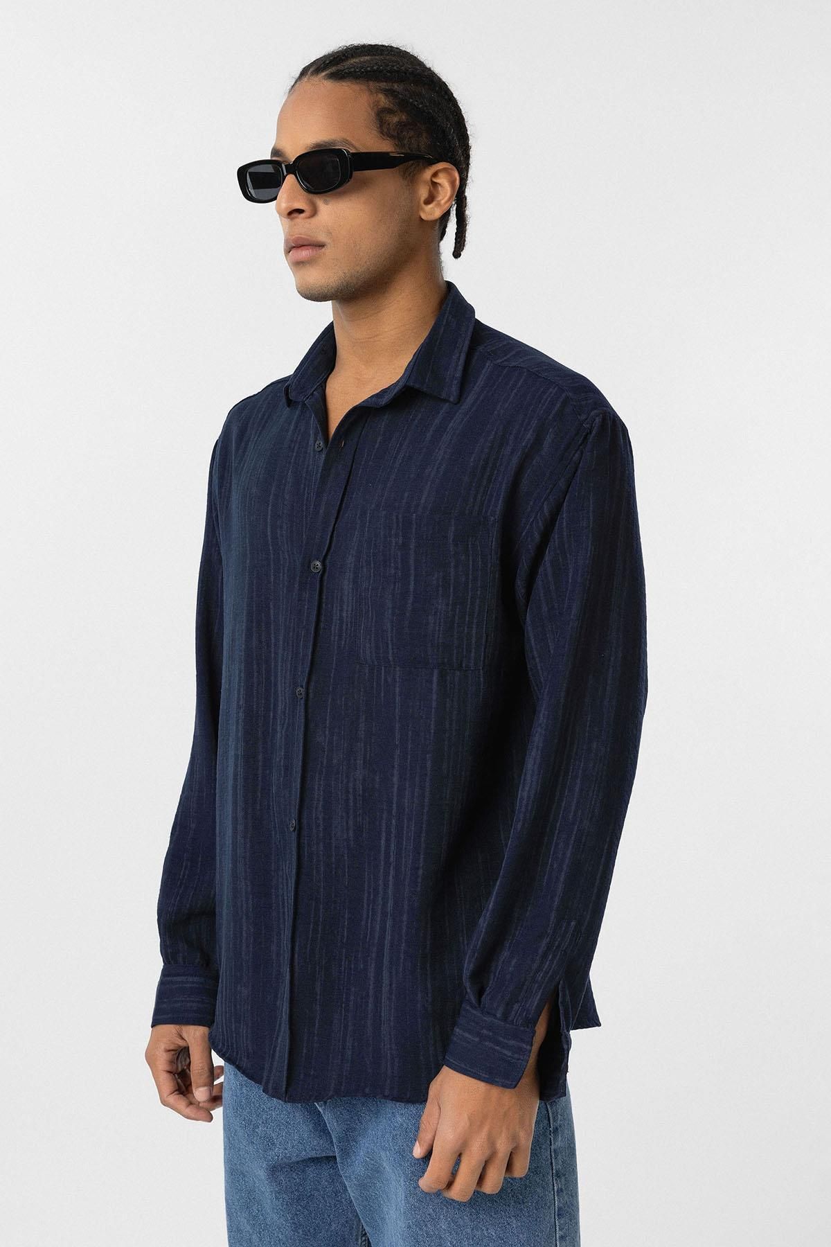 VAMOSCLO-Navy Blue Oversize Linen - Long Sleeve Shirt 5