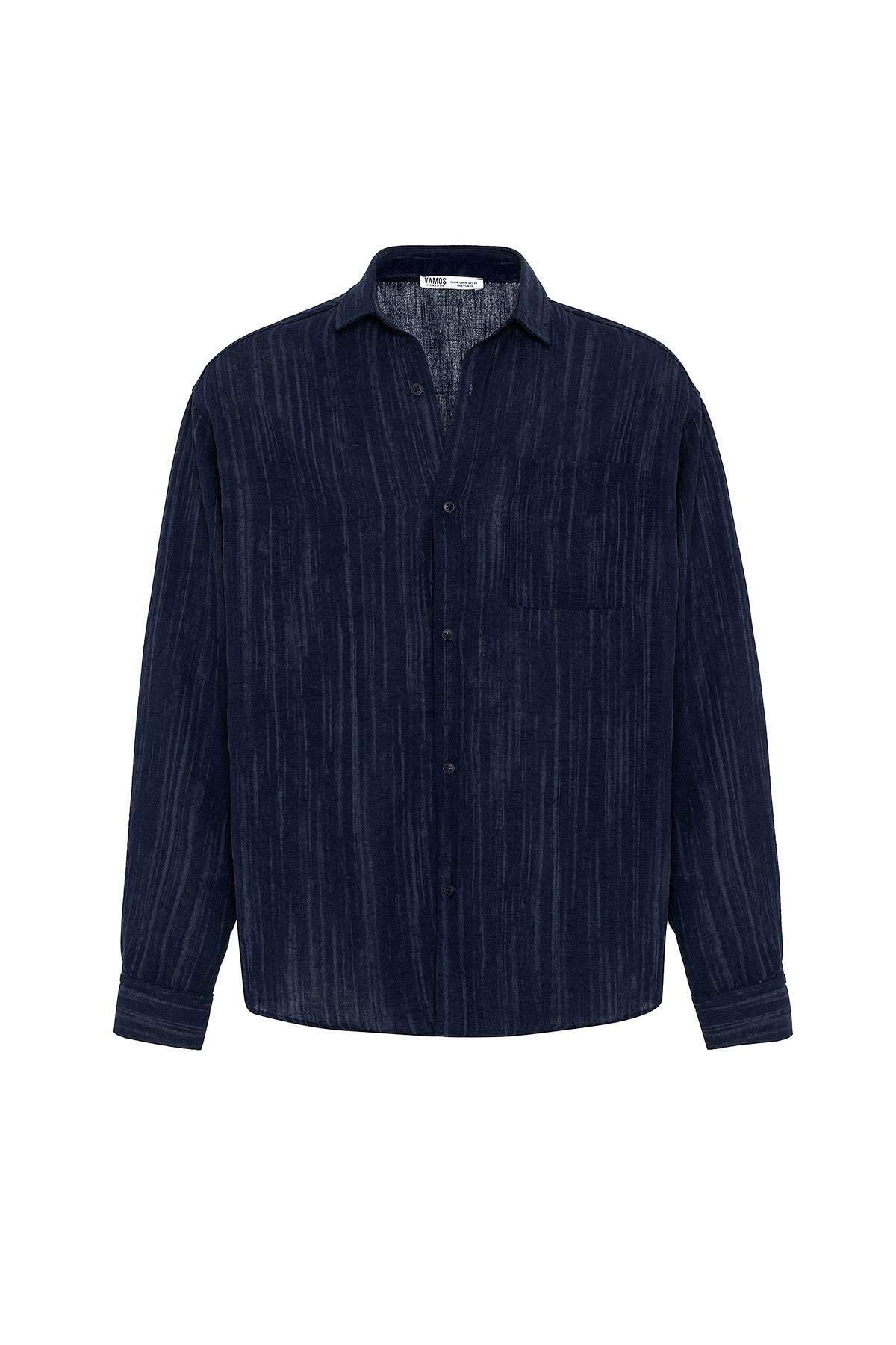 VAMOSCLO-Navy Blue Oversize Linen - Long Sleeve Shirt 2