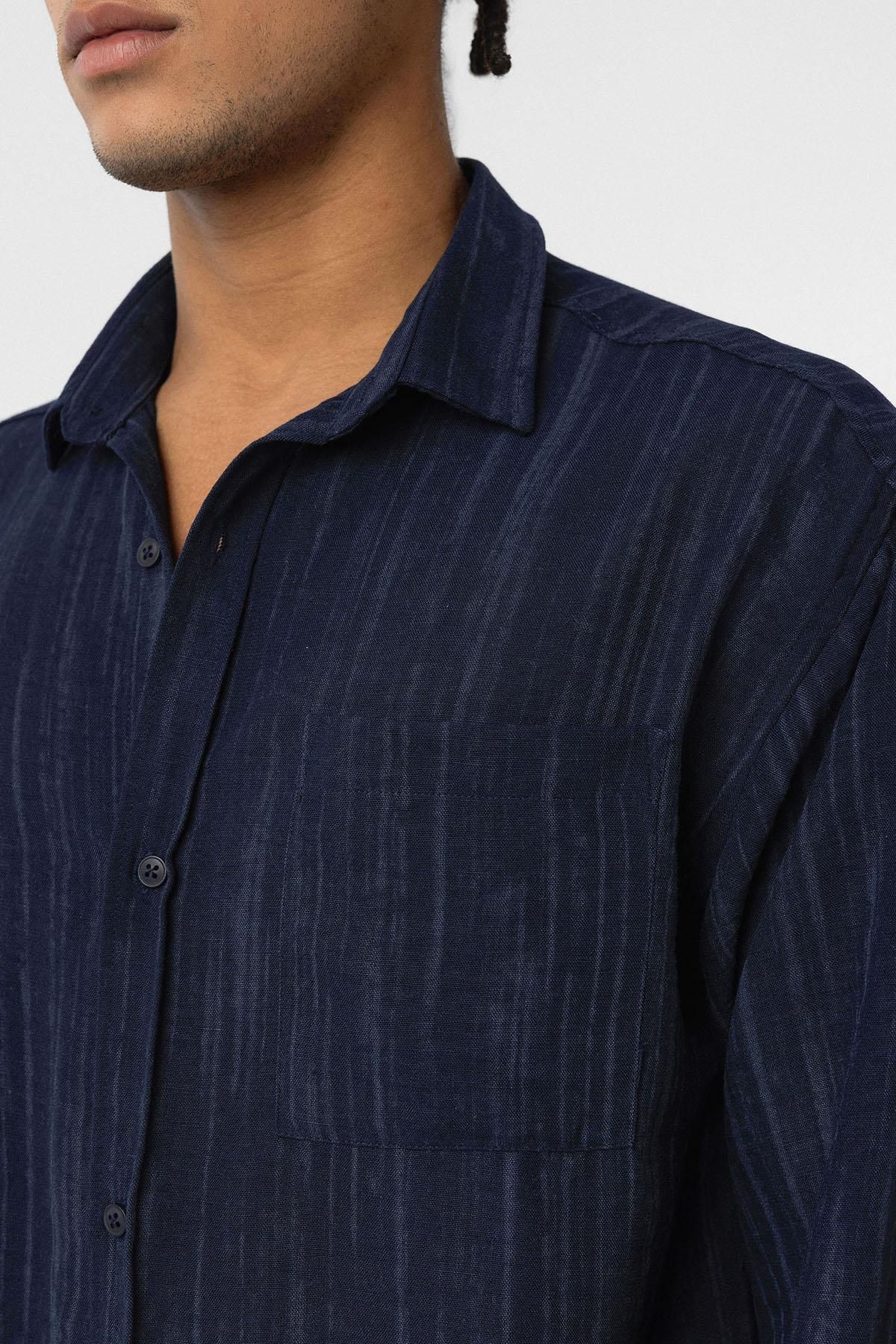 VAMOSCLO-Navy Blue Oversize Linen - Long Sleeve Shirt 4