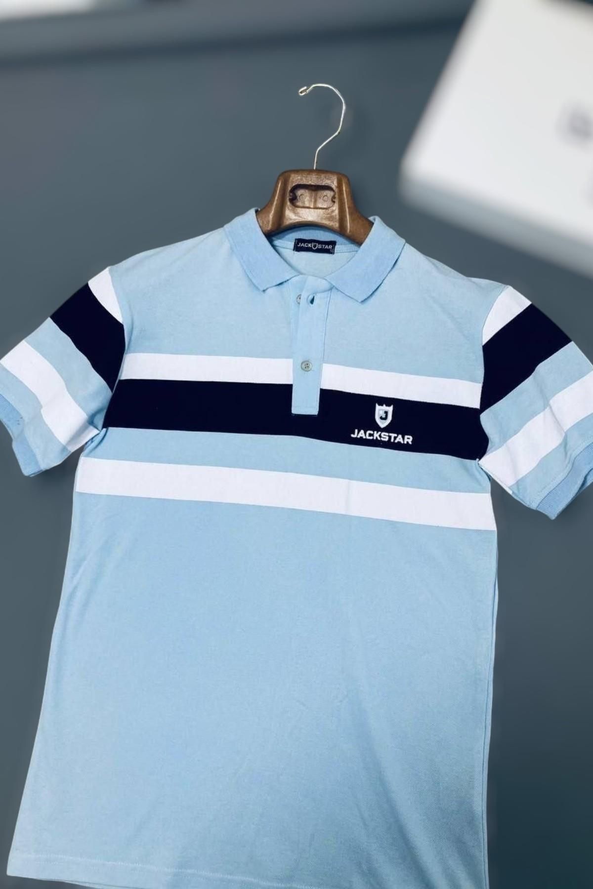 CassidoShoes-Men's Blue Polo Neck T-Shirt, Regular Fit Stripe and Short Sleeves 2