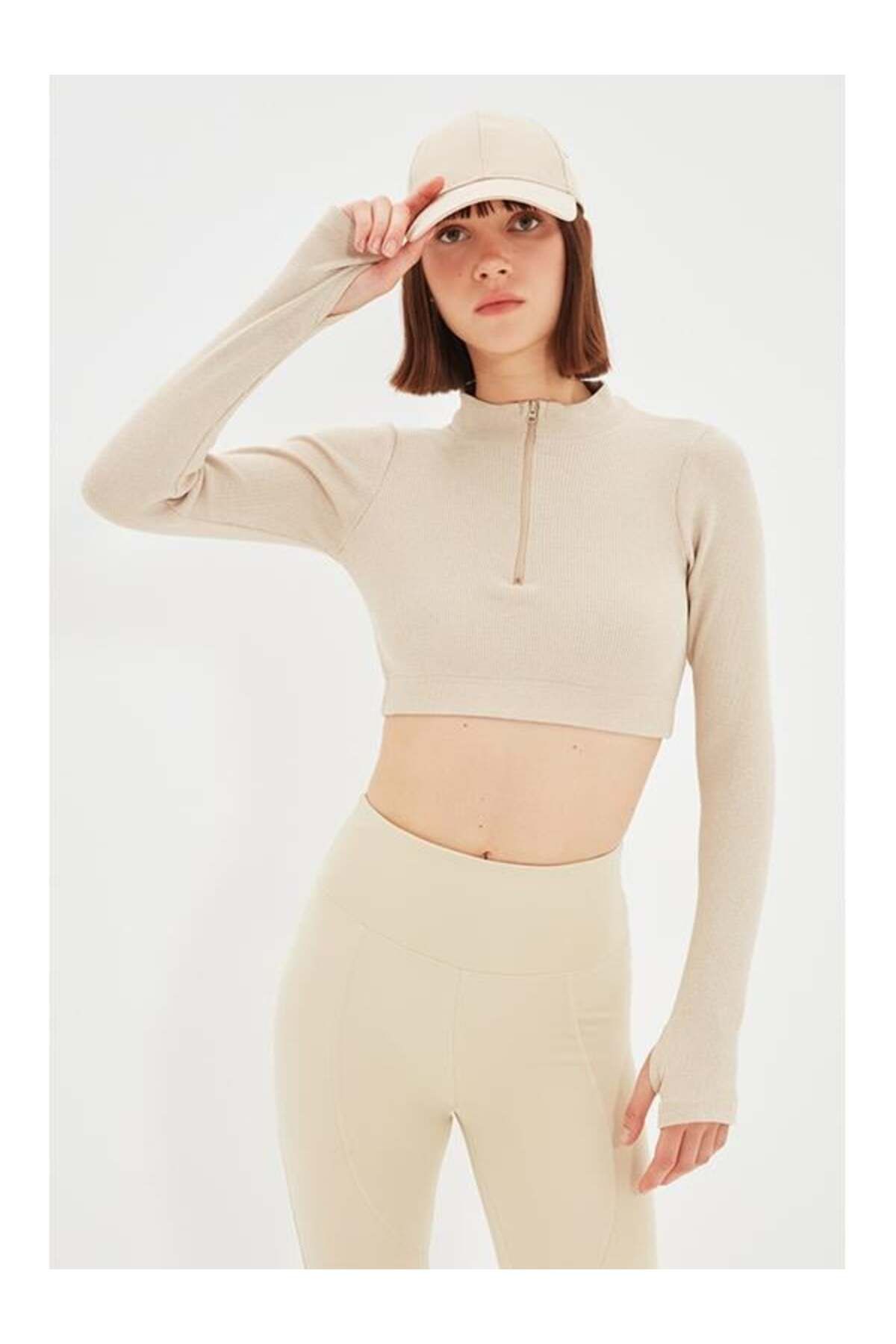 Giyimodam Kadın Yarım Fermuarlı Likralı Kaşkorse Bej Crop