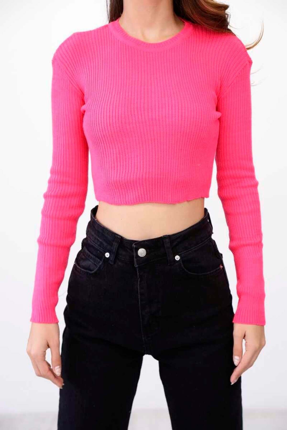 Giyimodam Kadın Fitilli Likralı Yumuşak Dokulu Pembe Crop Body