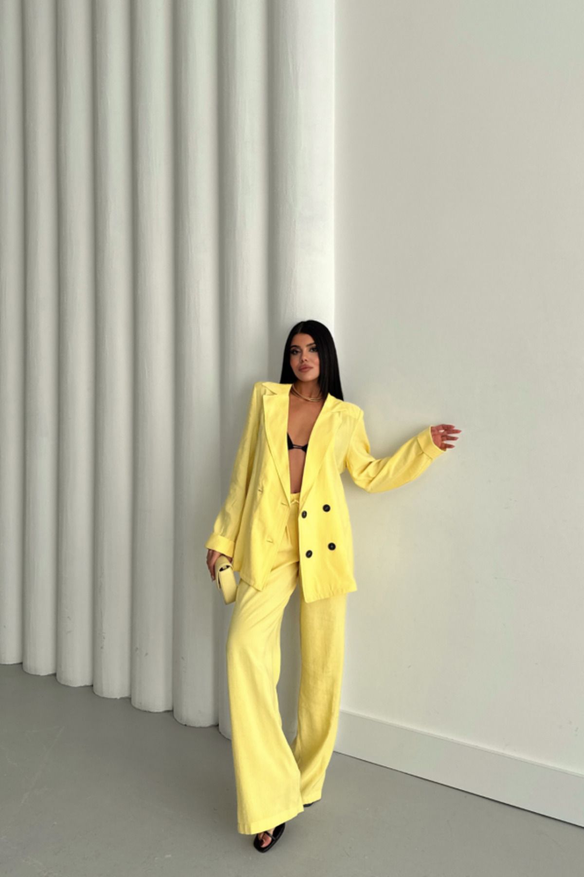 velmorafashion MODAL 4 DÜĞME ASTARSIZ CEKET - PANTOLON TAKIM - Sarı